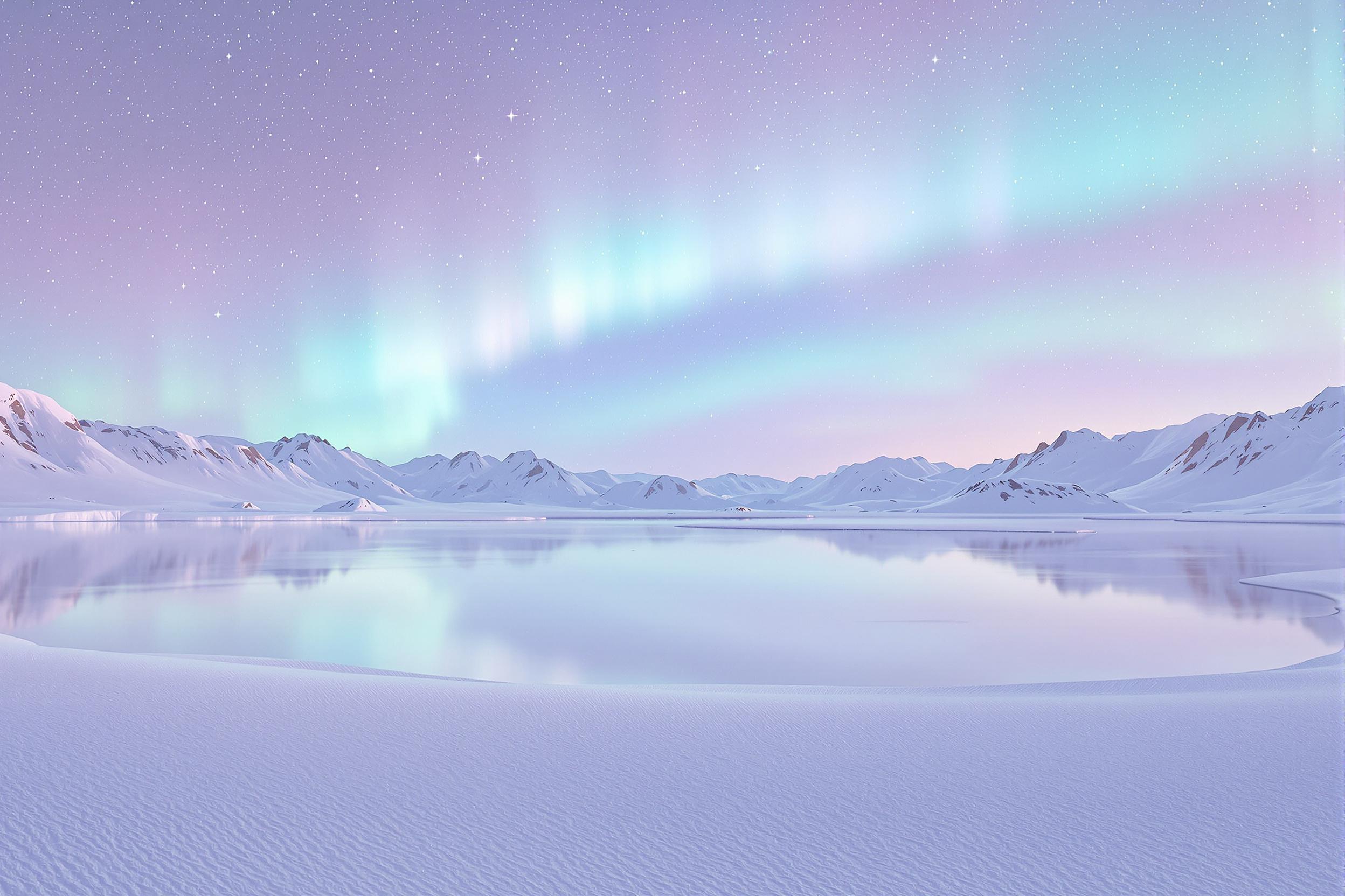 Pastel Lunar Snowfield Under Aurora