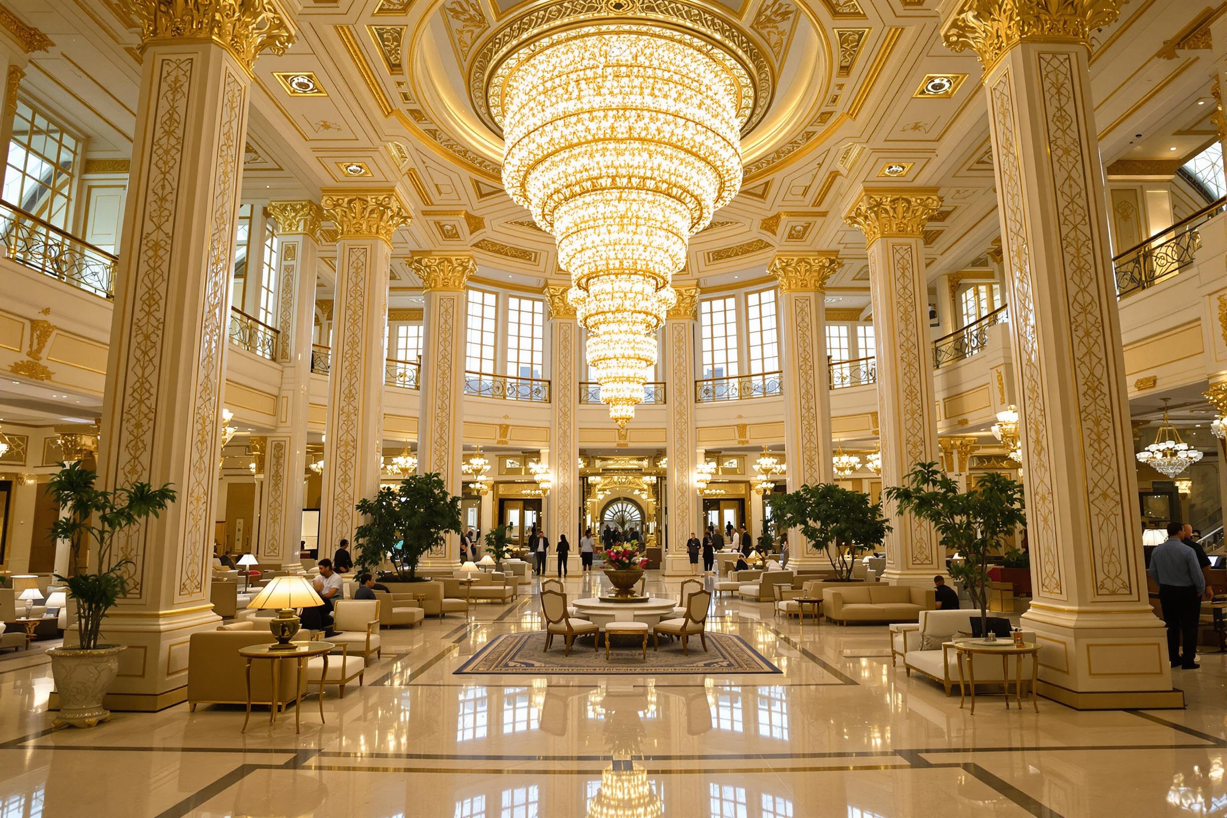 Luxurious Modern Hotel Lobby with Grand Chandelier