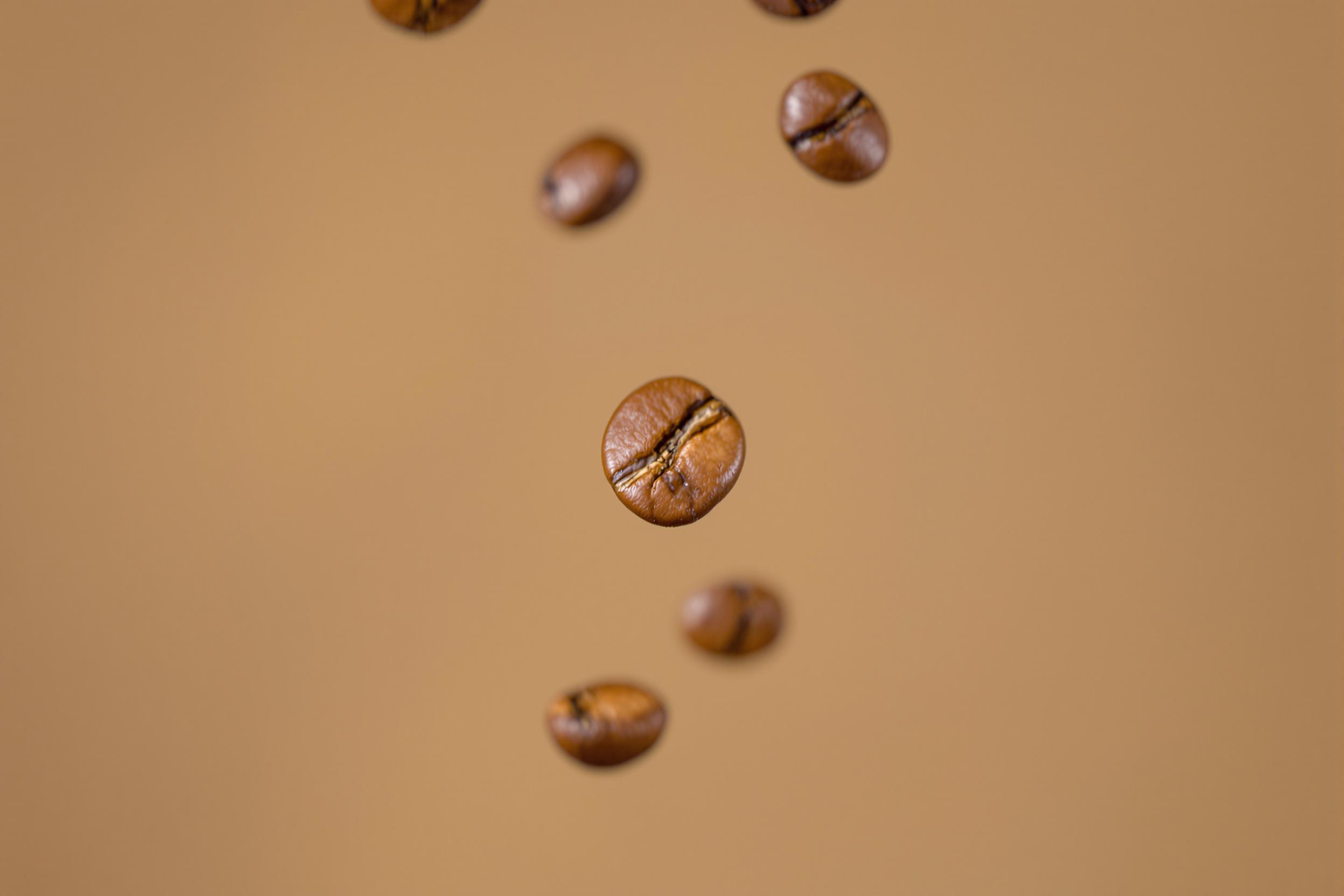 Falling Roasted Coffee Beans in Rich Warm Lighting