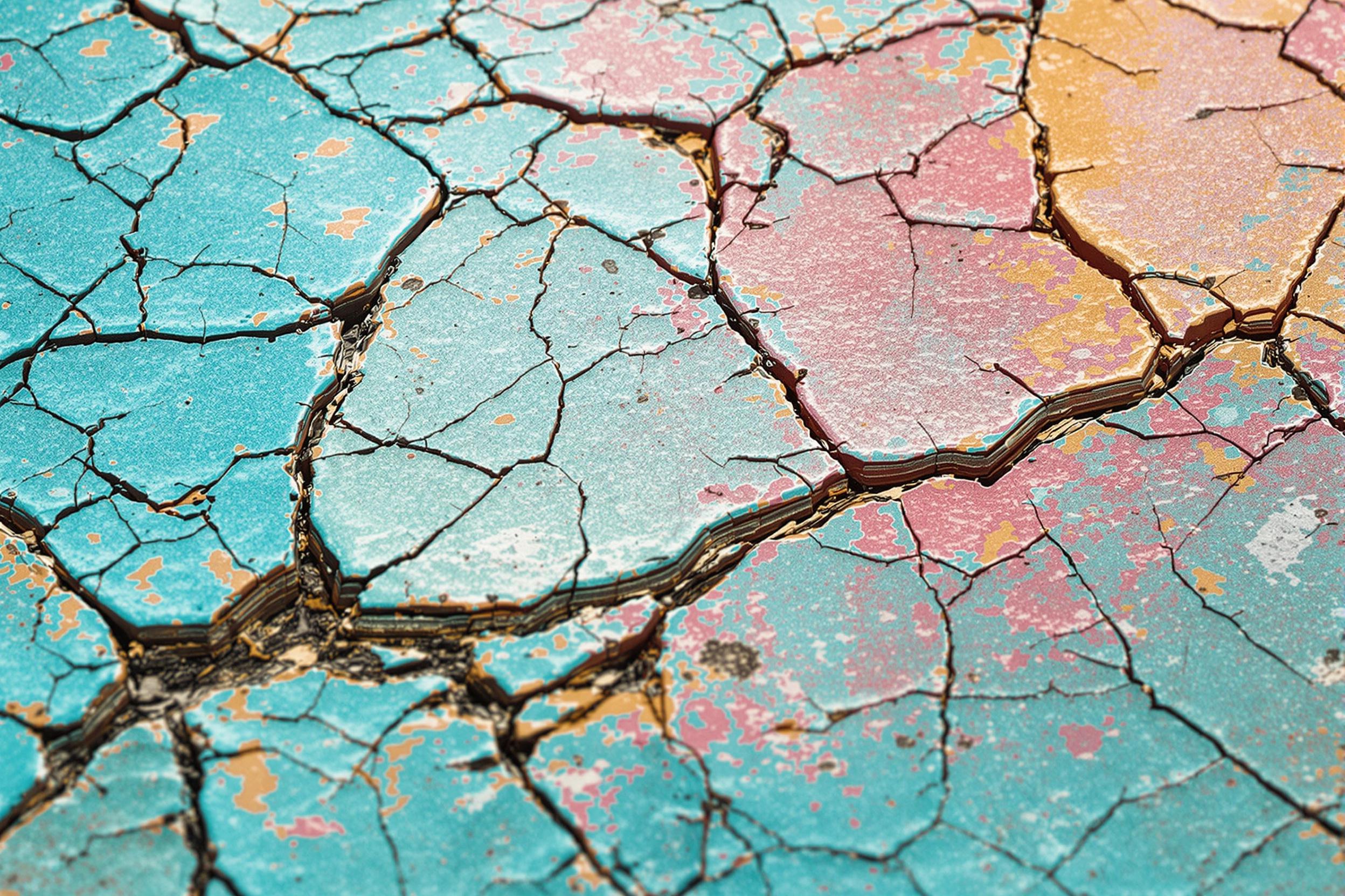 Macro Close-Up of Cracked Multicolored Paint