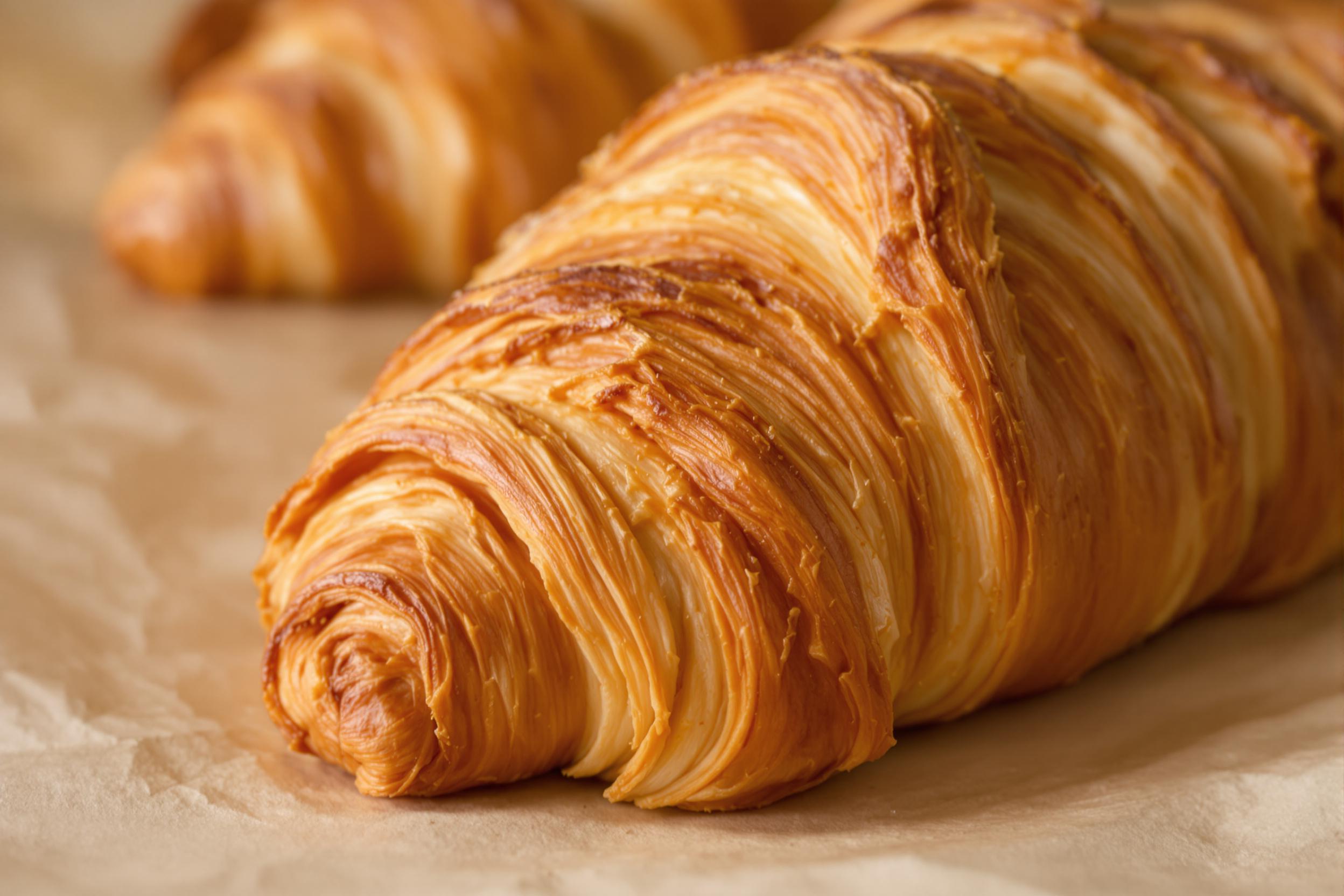 A macro perspective captures the intricate, flakey layers of a freshly baked croissant. The golden brown crust crinkles gracefully, revealing buttery undertones within the fine pastry folds. Diffused, soft lighting highlights its crisp texture, set against a blurred parchment-paper backdrop for enhanced warmth.