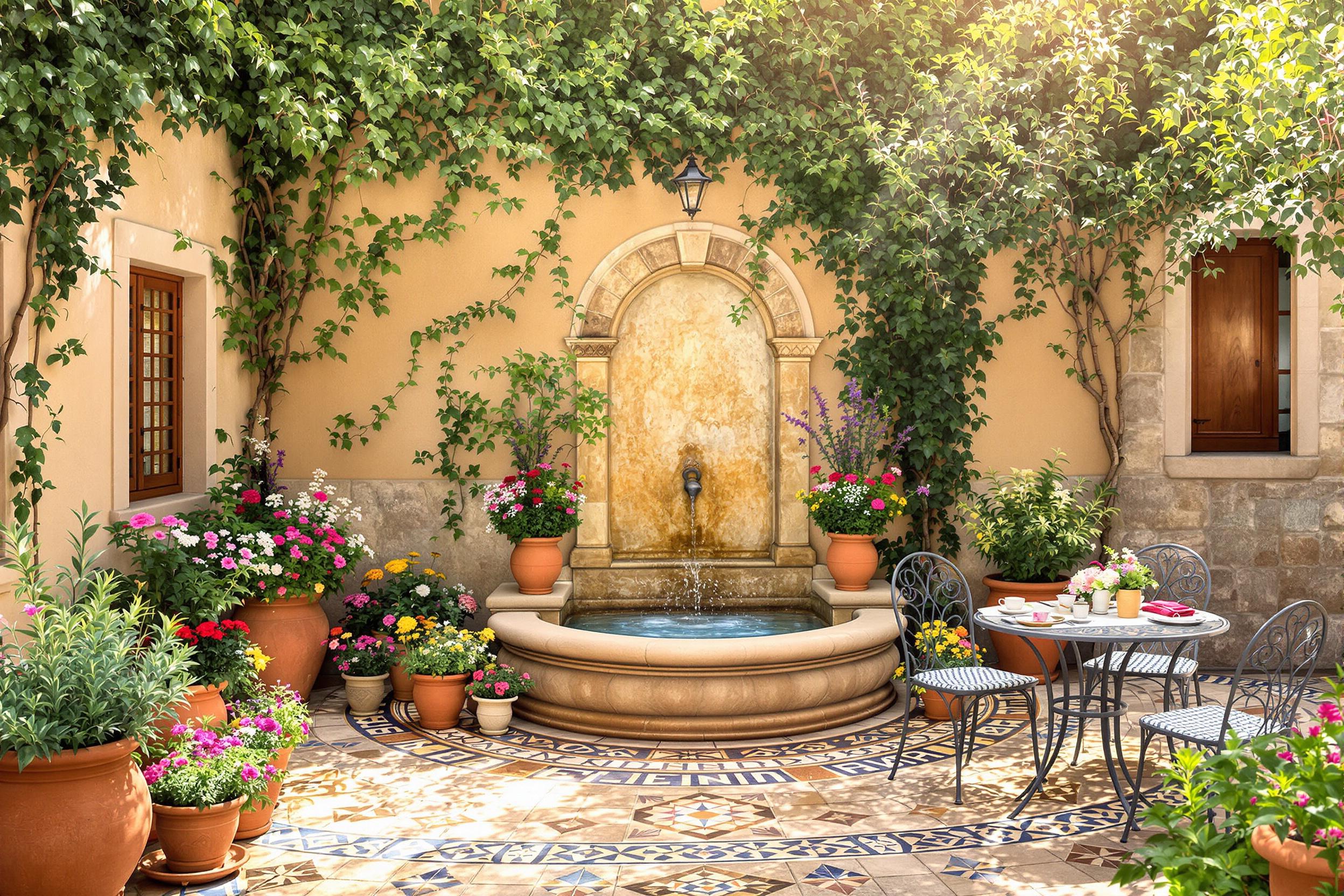 Cozy Courtyard with Rustic Fountain