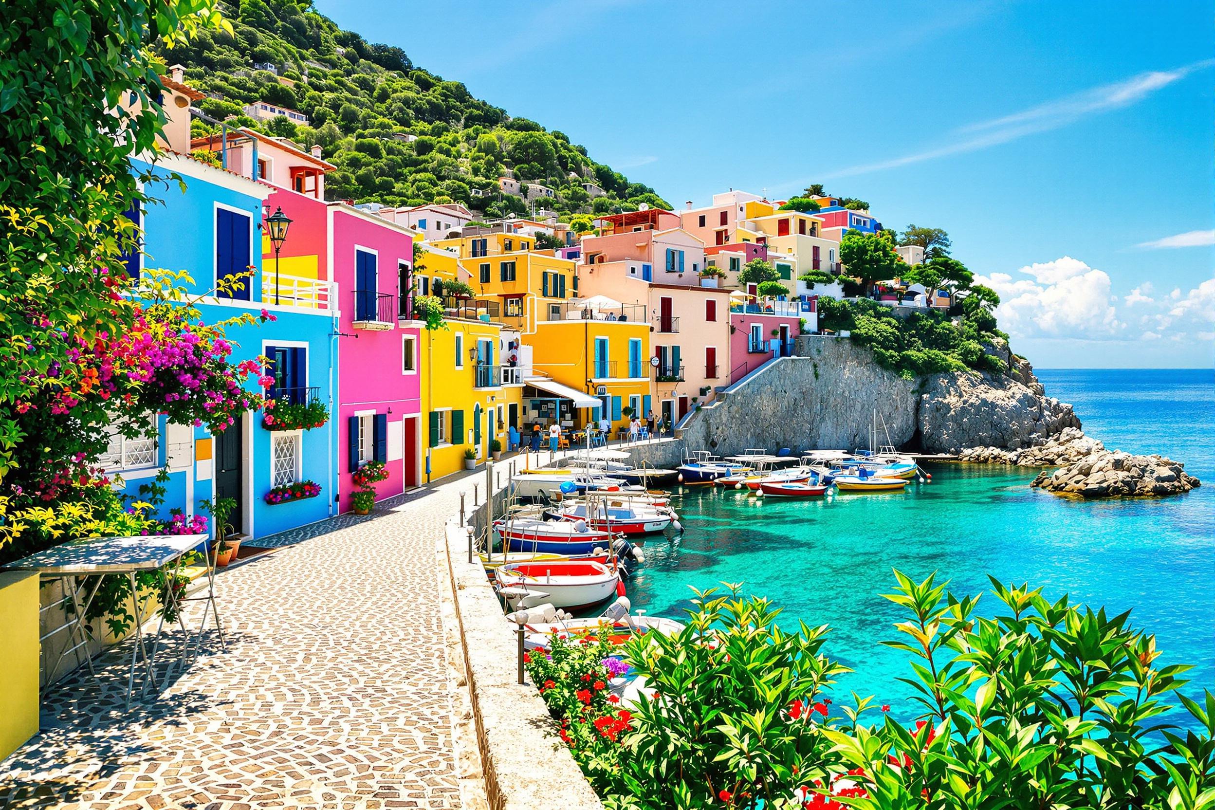 Charming Mediterranean Coastal Village Under Bright Sun