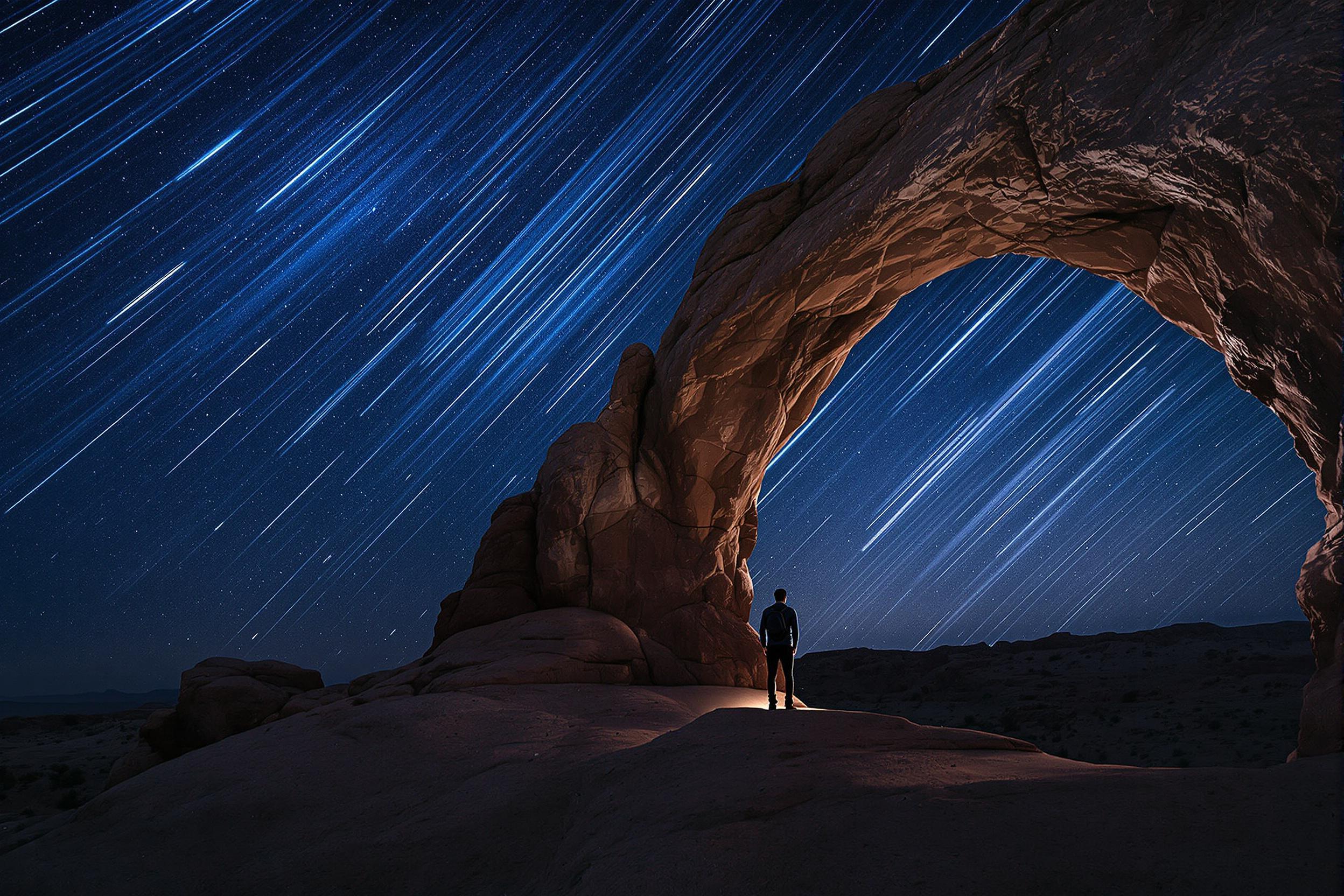 Meteor Shower Seen Through Majestic Rock Arch