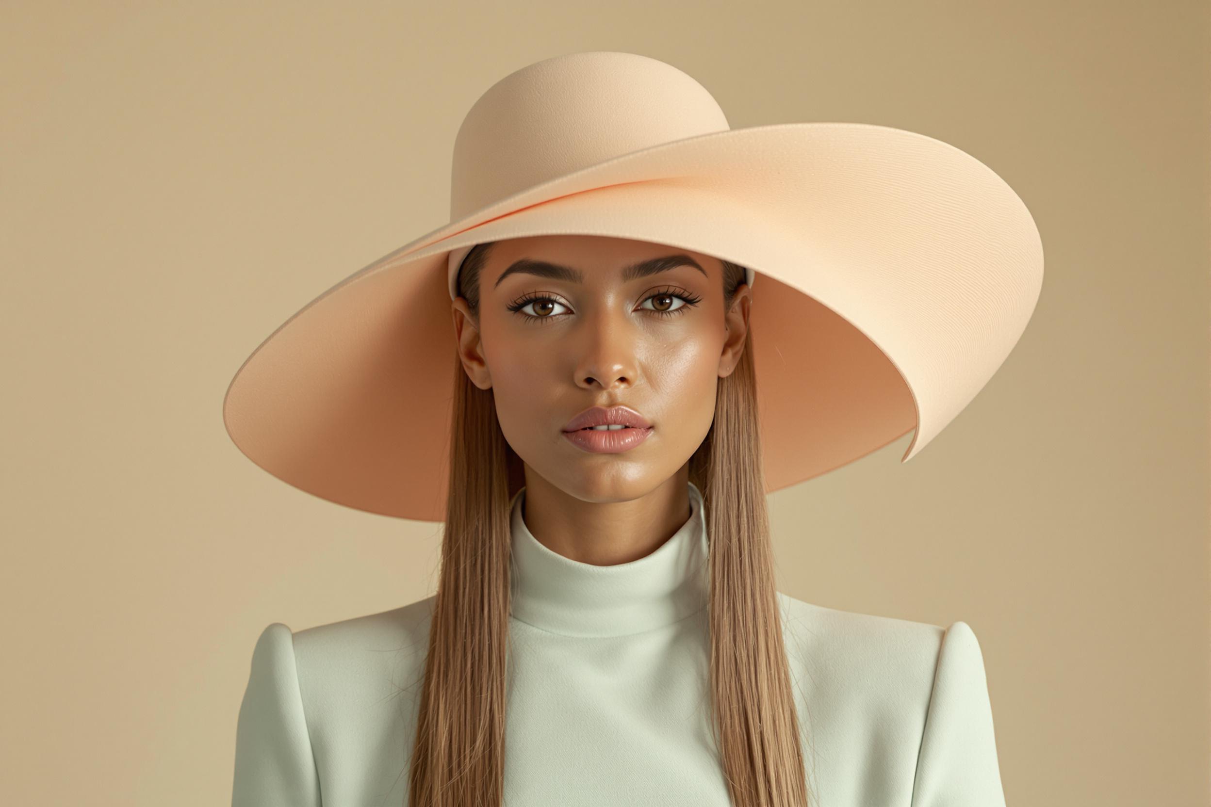 Sculptural Peach Hat with Mint Tailoring - Subtle Gradient Harmony