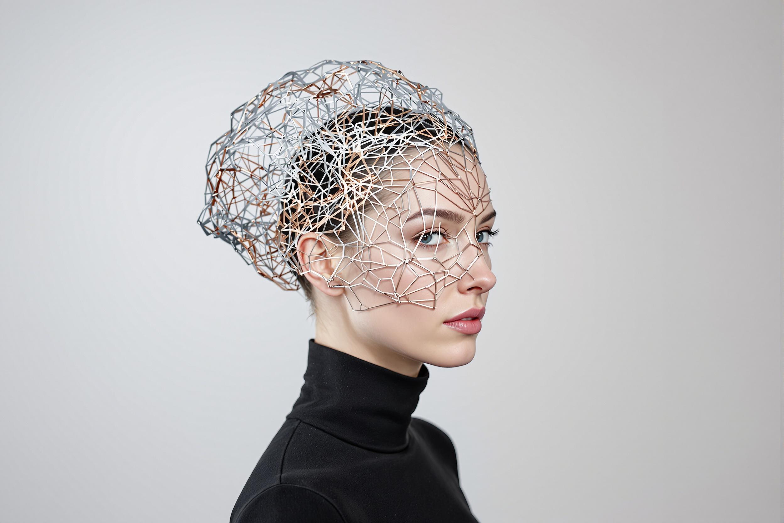 Minimalist Portrait Featuring Intricate Neural Network Headpiece