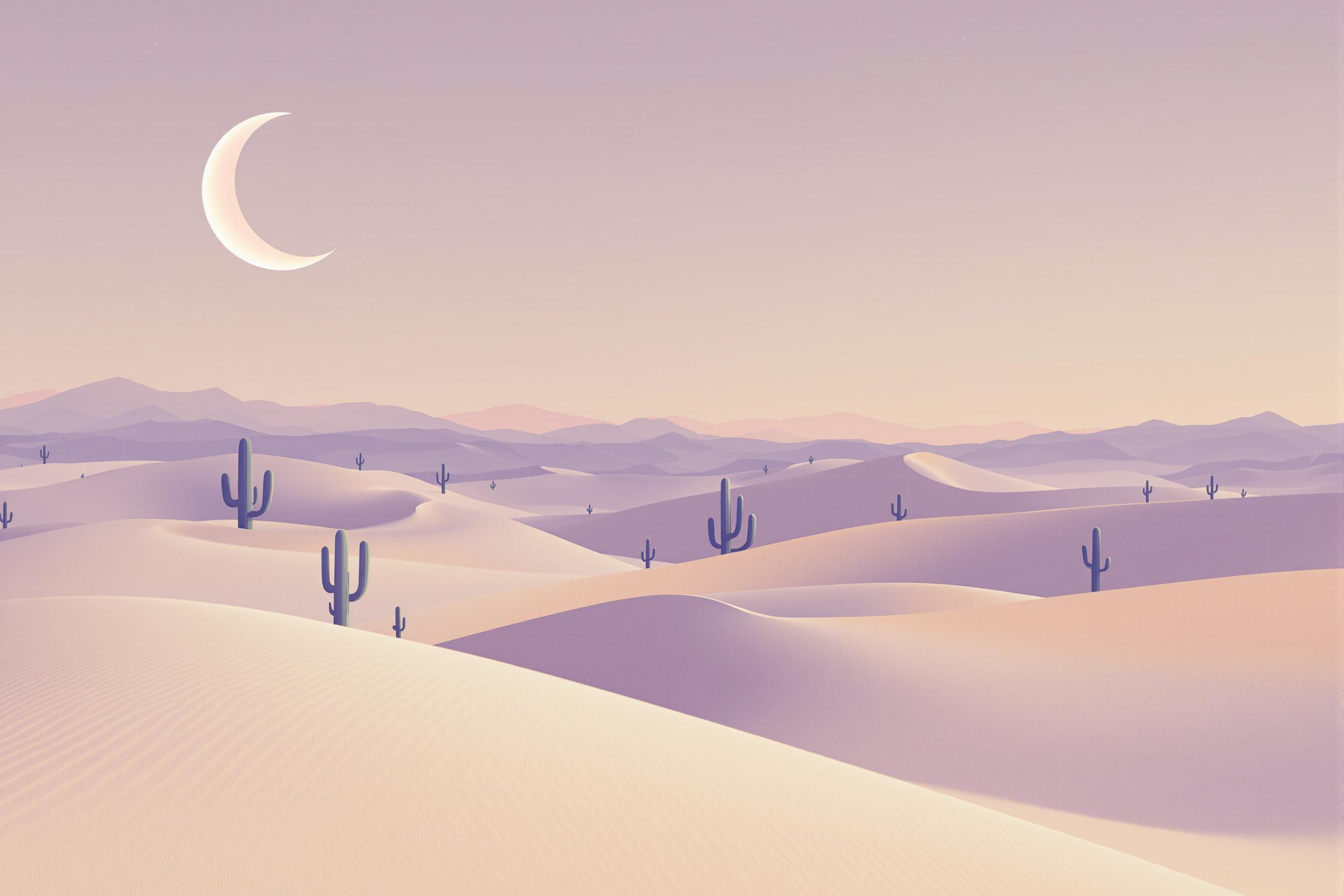 Serene Pastel Desert Under Crescent Glow