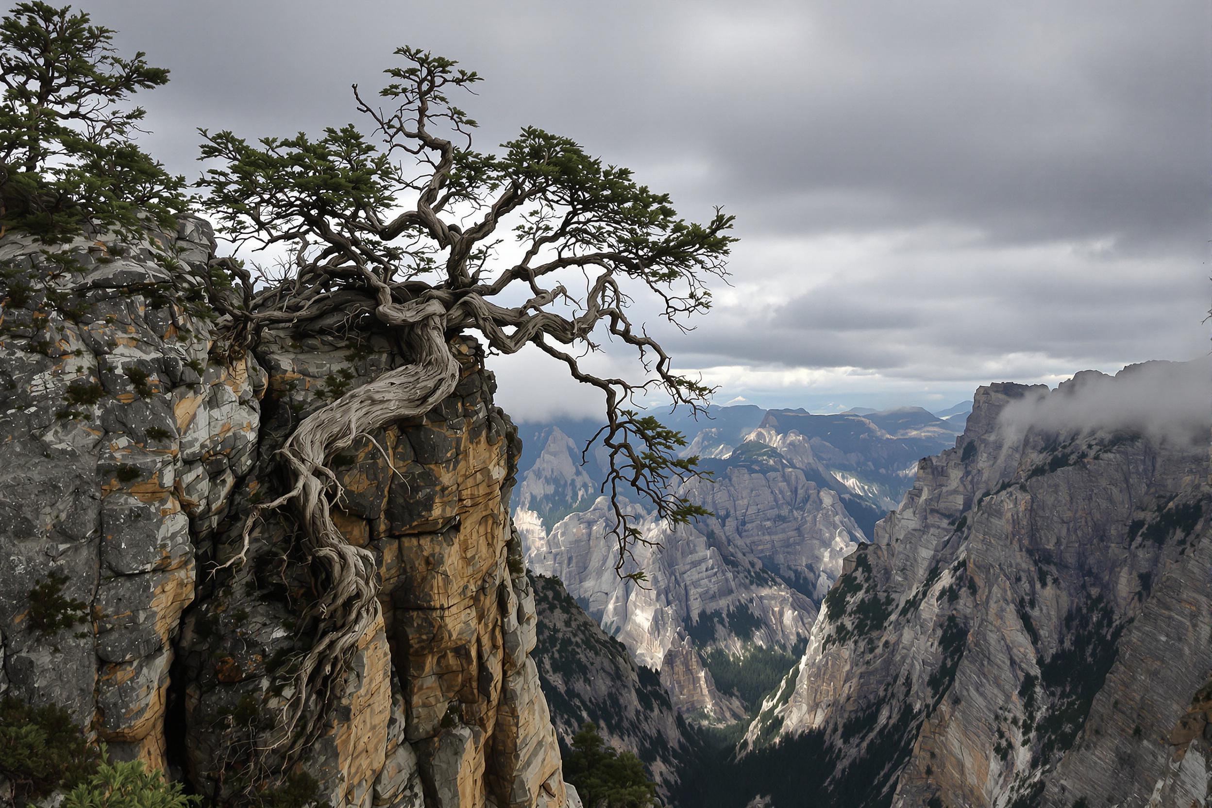 Twisted Mountain Tree on Jagged Precipice with Storm Clouds