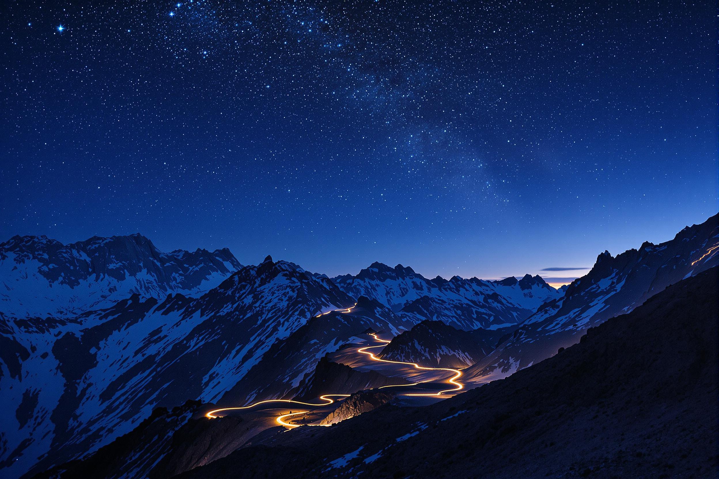 Winding Mountain Road Under a Starry Sky