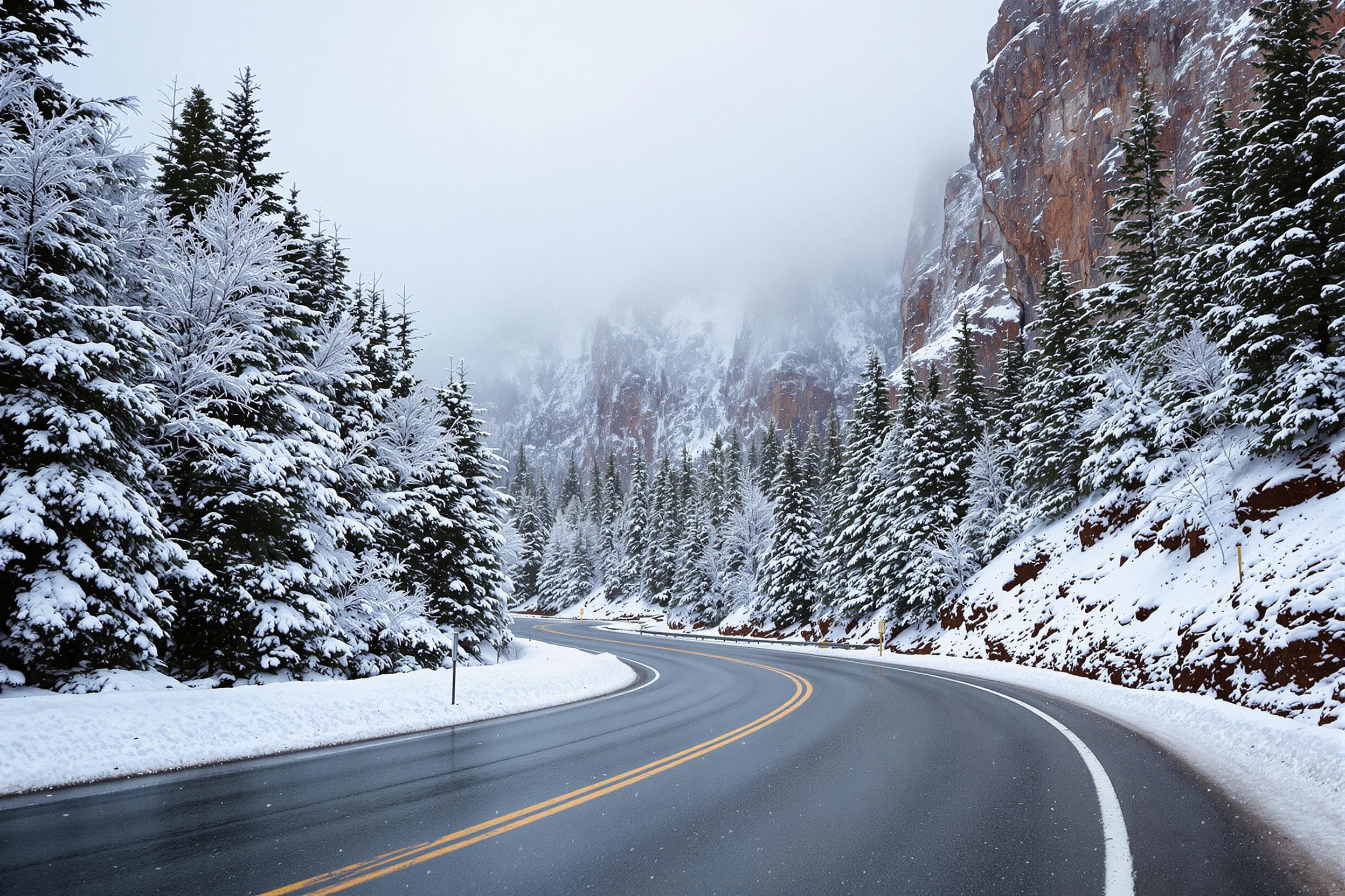 Snowy Mountain Pass Road Through Evergreens