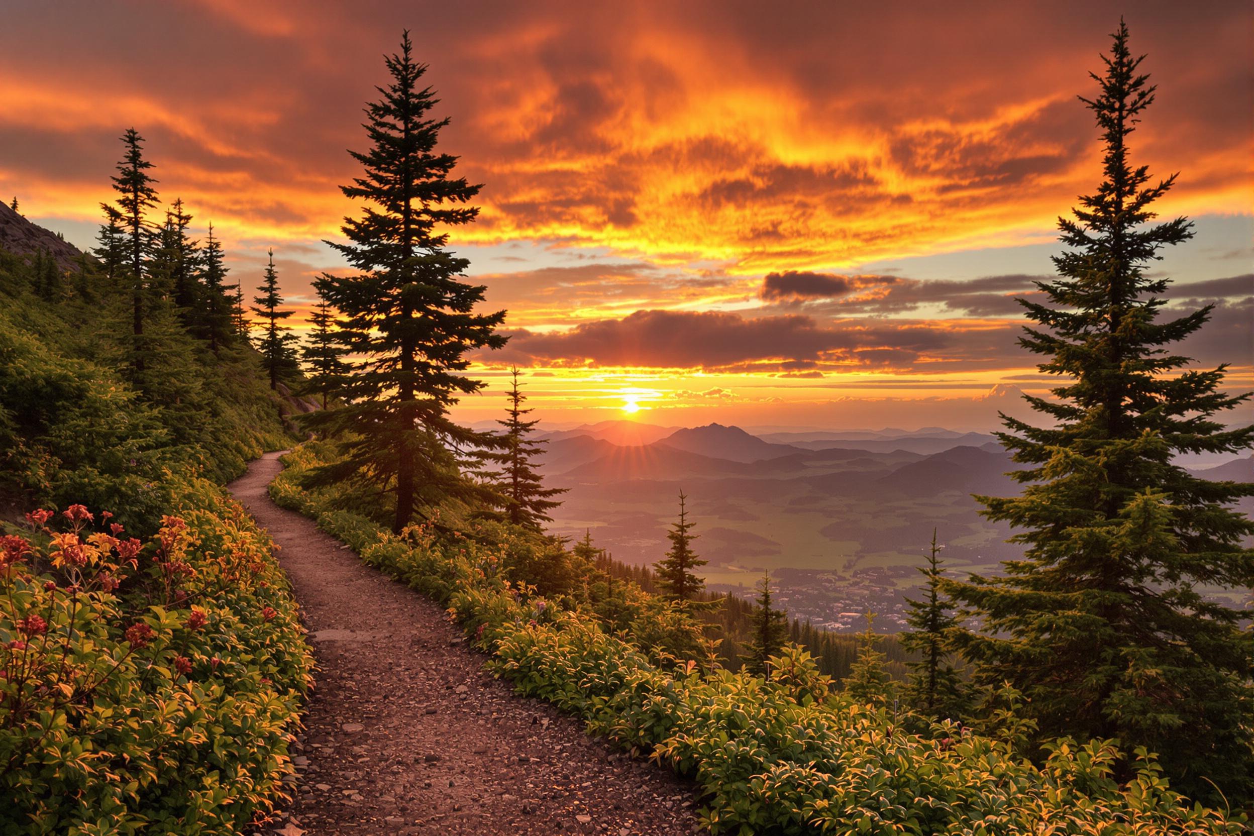 Scenic Mountain Trail Overlooking a Tranquil Valley at Sunset