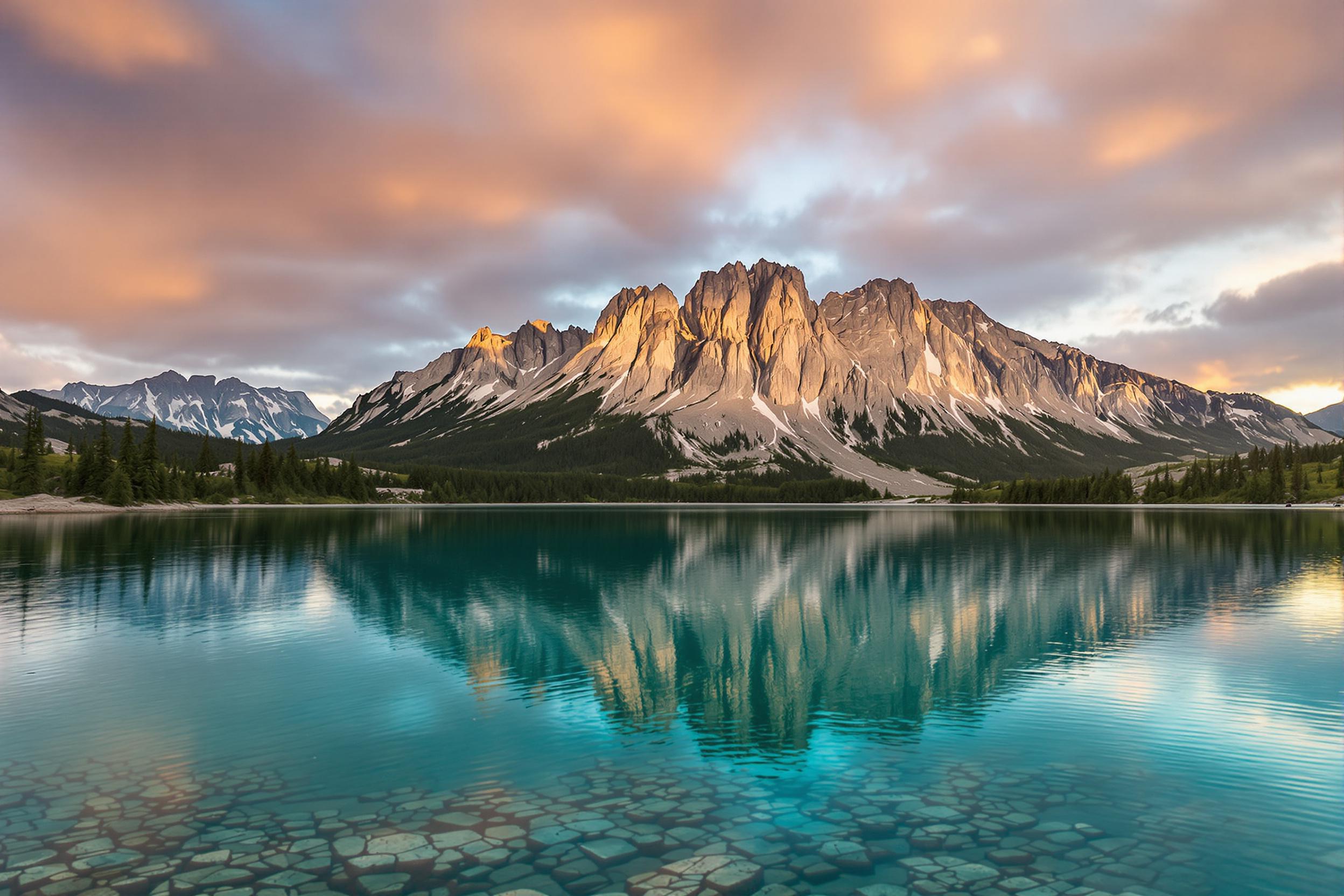 Tranquil Sunset Reflection over Majestic Mountains