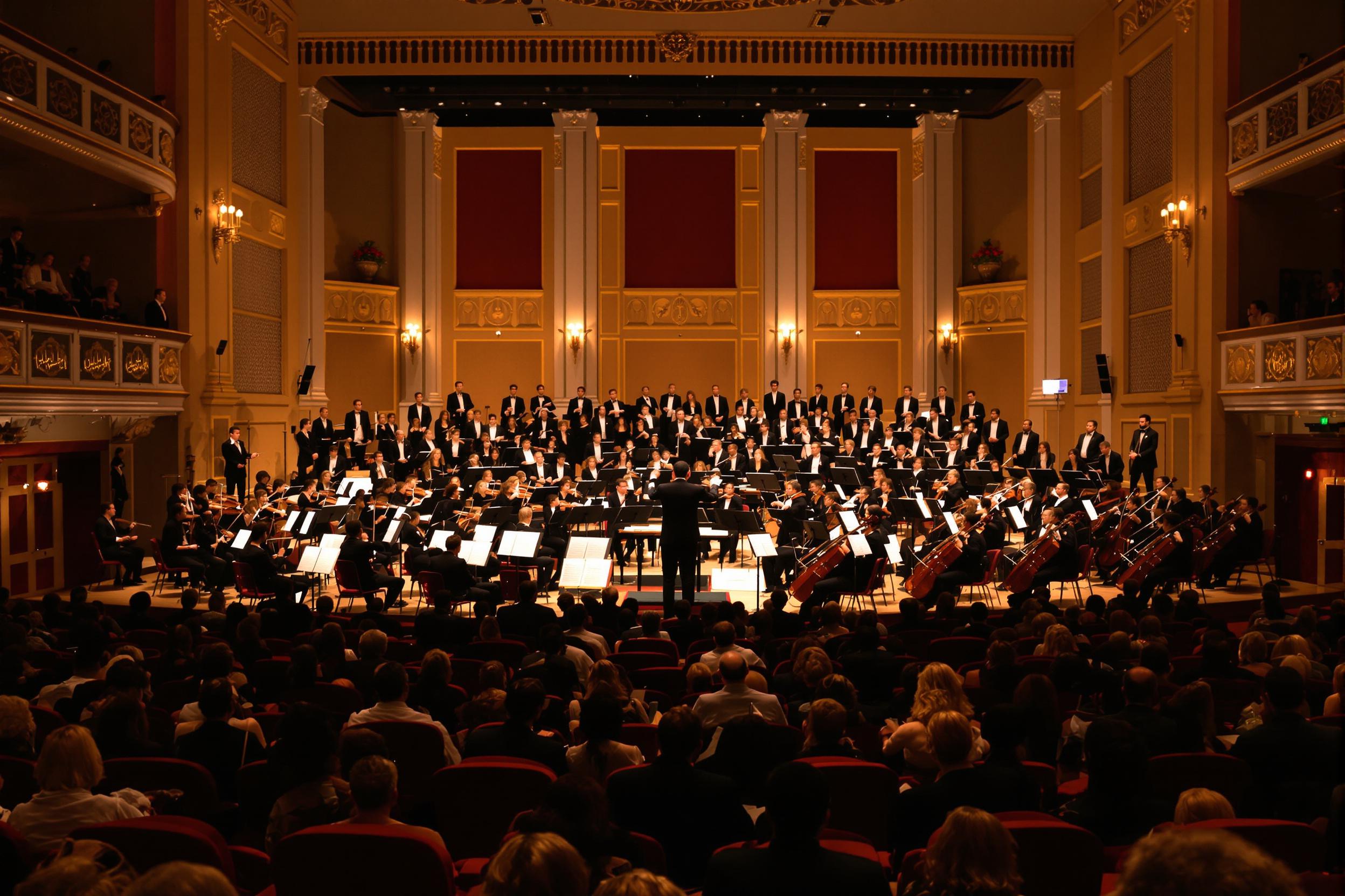 Classical Orchestra Performance in Grand Concert Hall