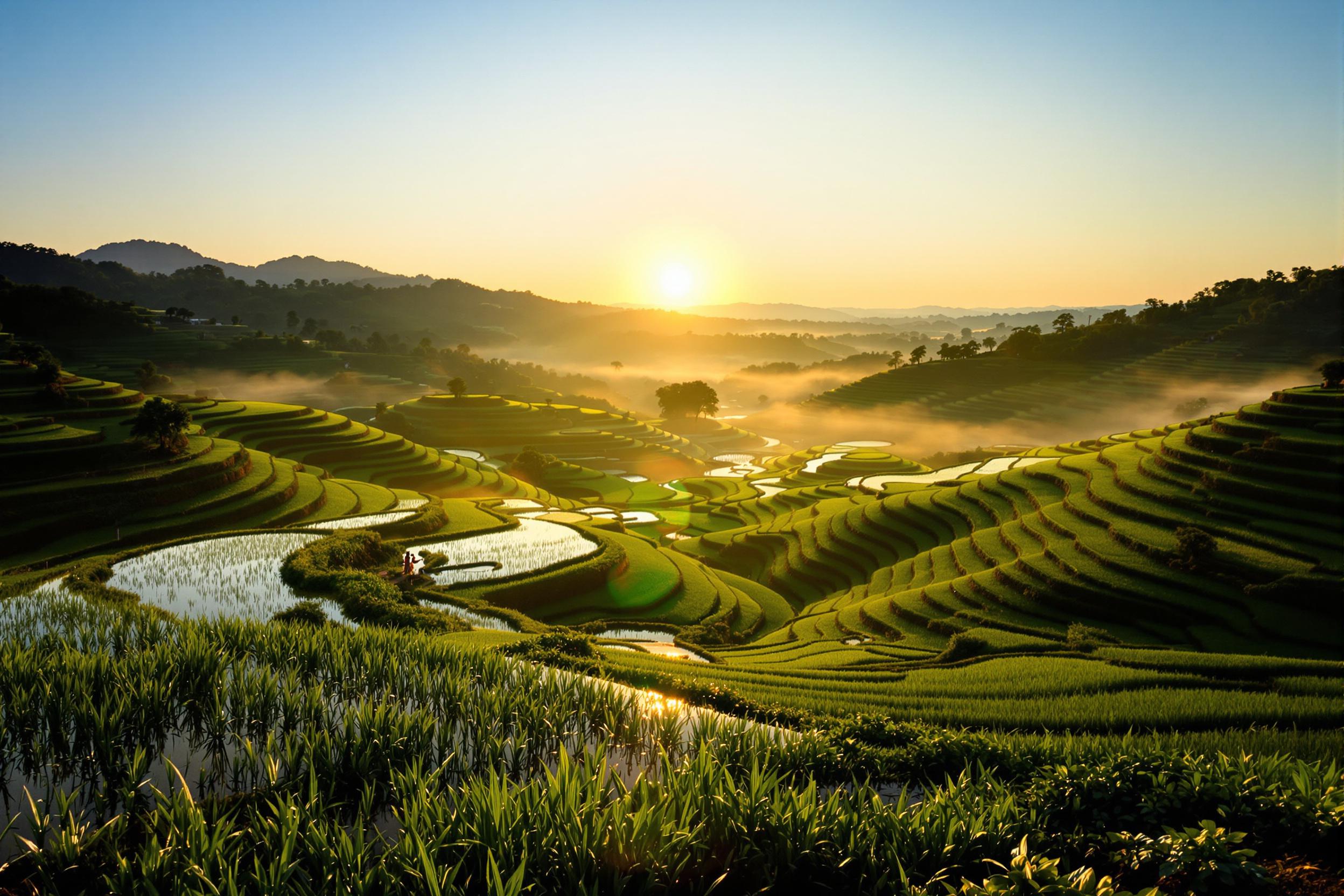 Serene Sunrise Over Lush Rice Terraces