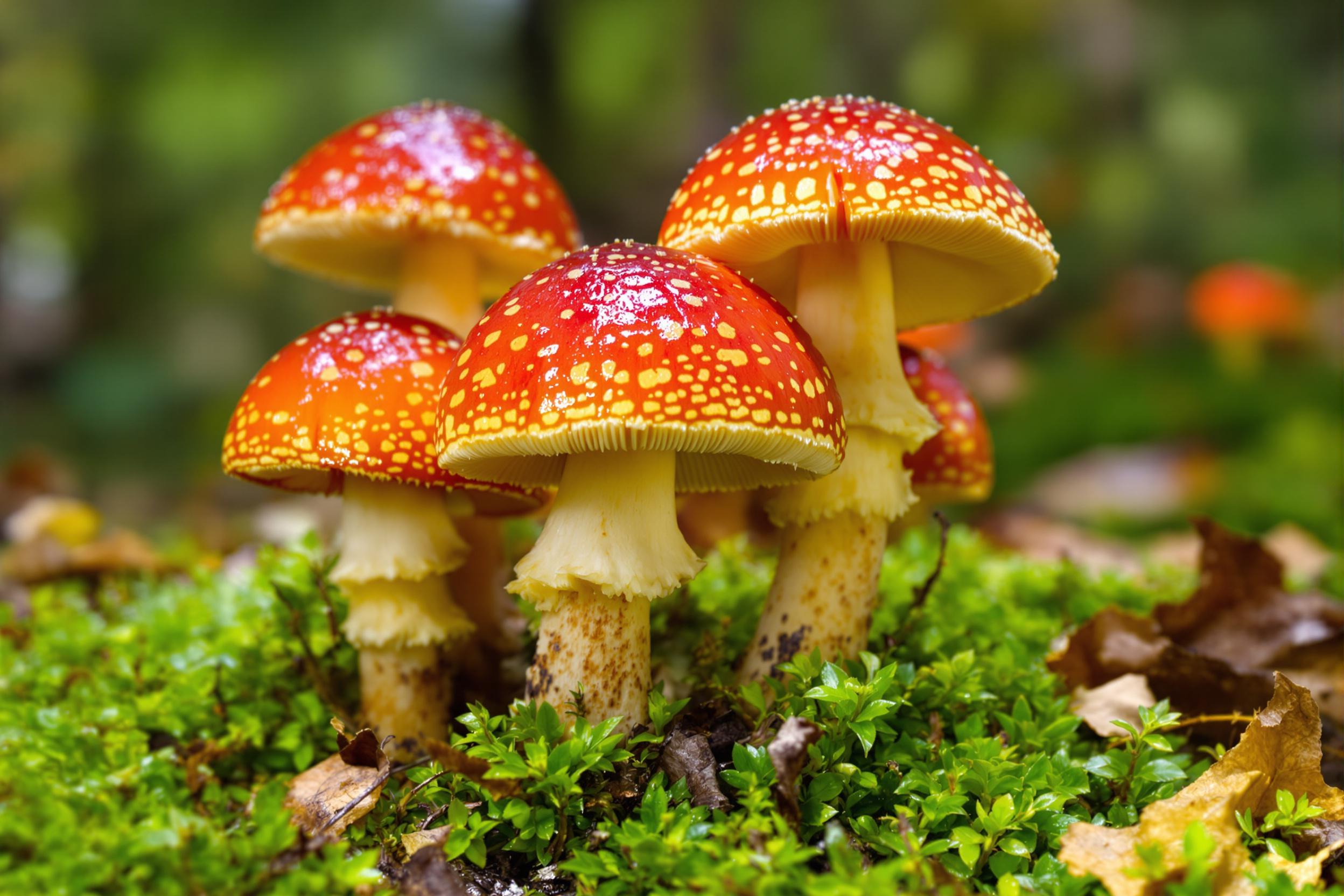 Vibrant Wild Mushrooms in Enchanting Forest Setting