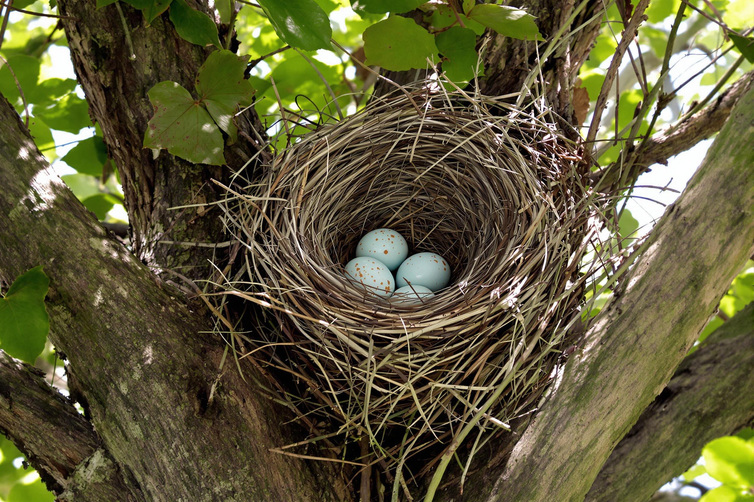 Intricate Bird's Nest Among Green Leaves