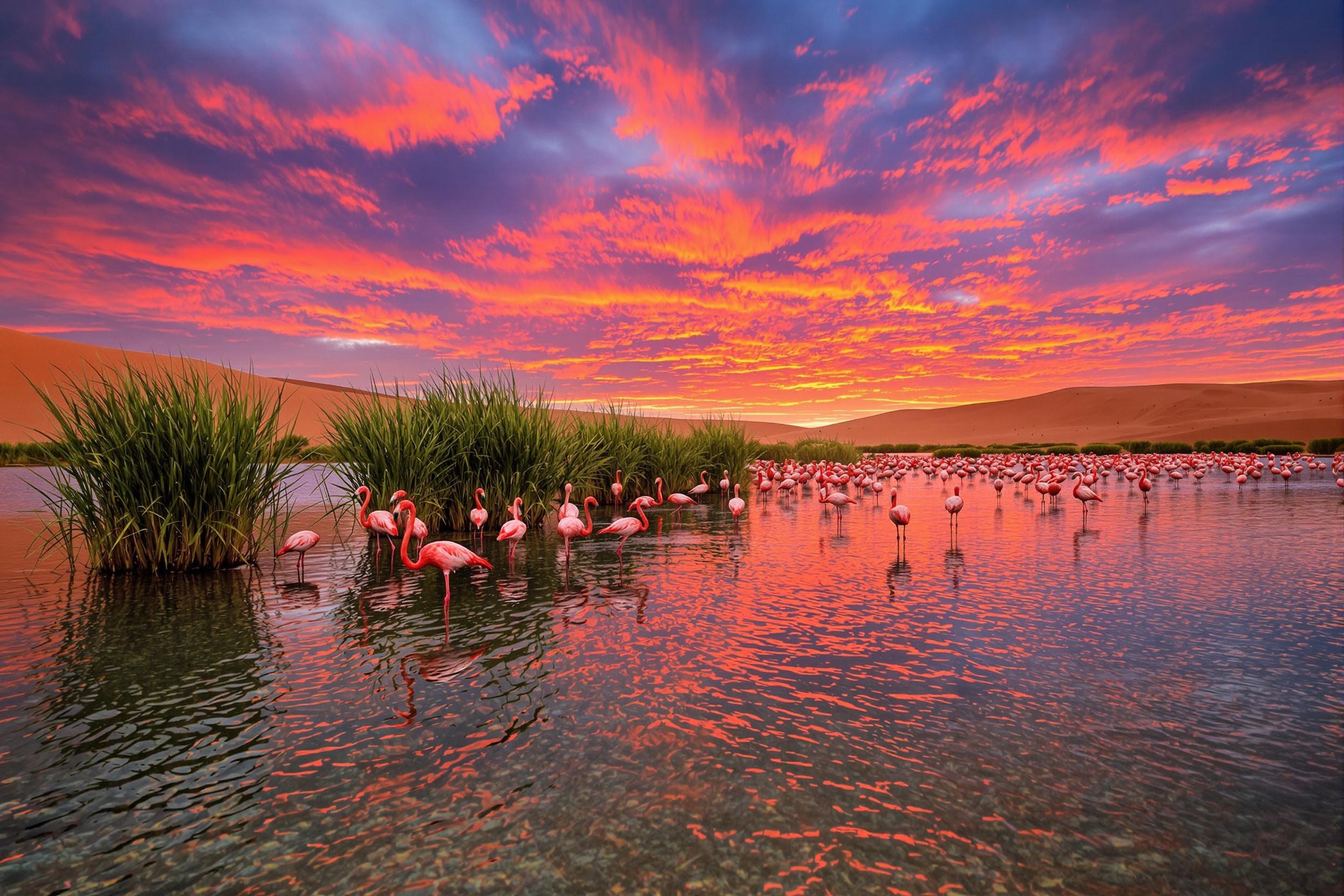 Flamingos Gracing Desert Sunset Oasis