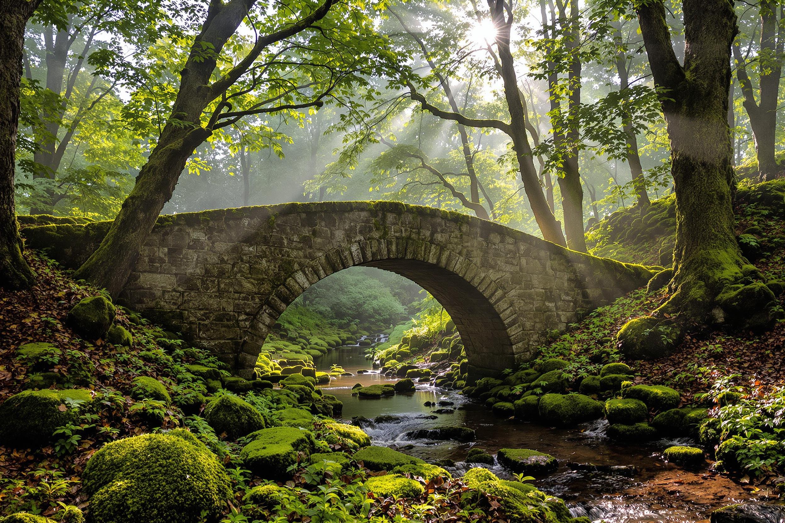 Timeless Tranquility: Ancient Stone Bridge in Foggy Forest