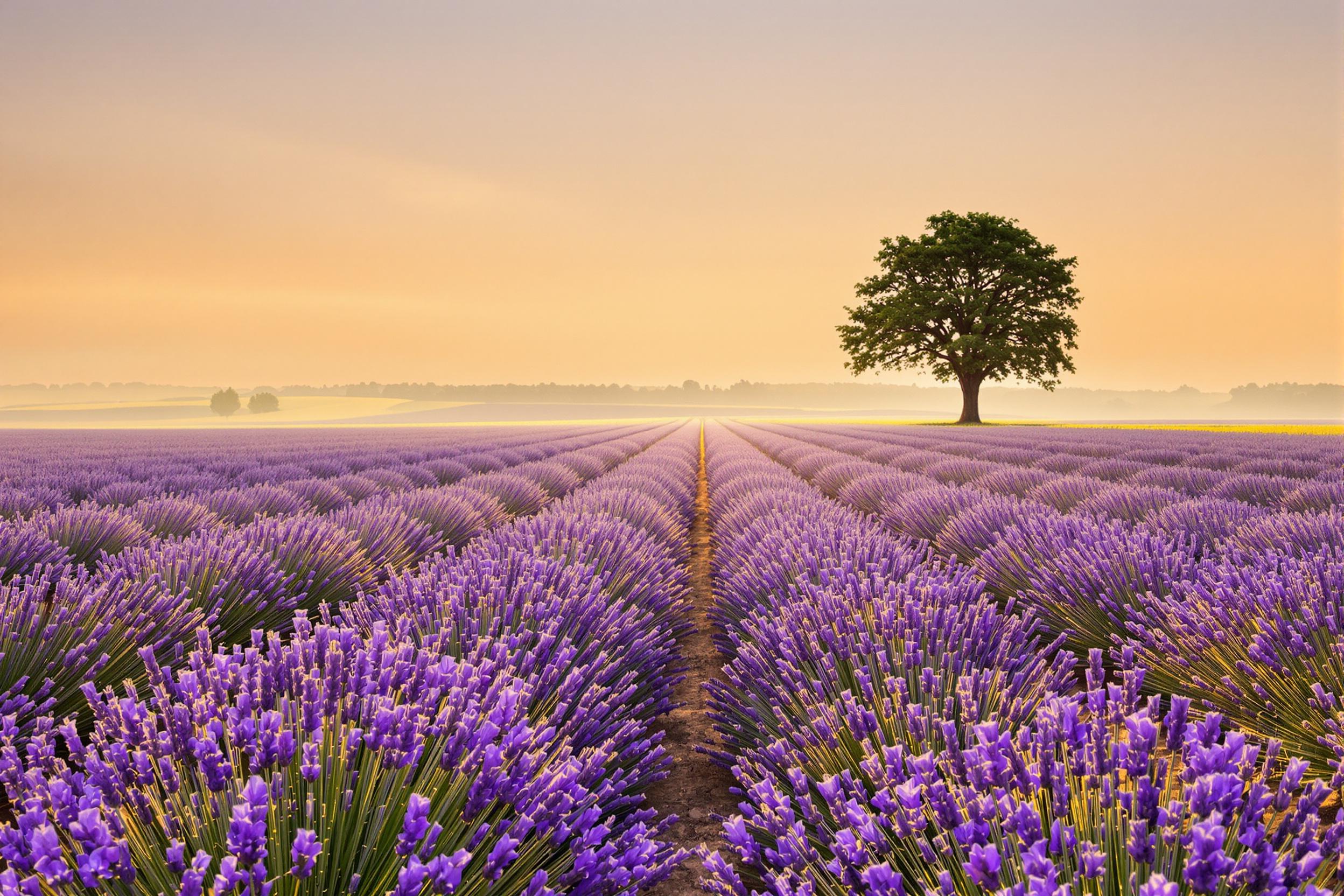 Golden Hour Lavender Field with Lone Oak