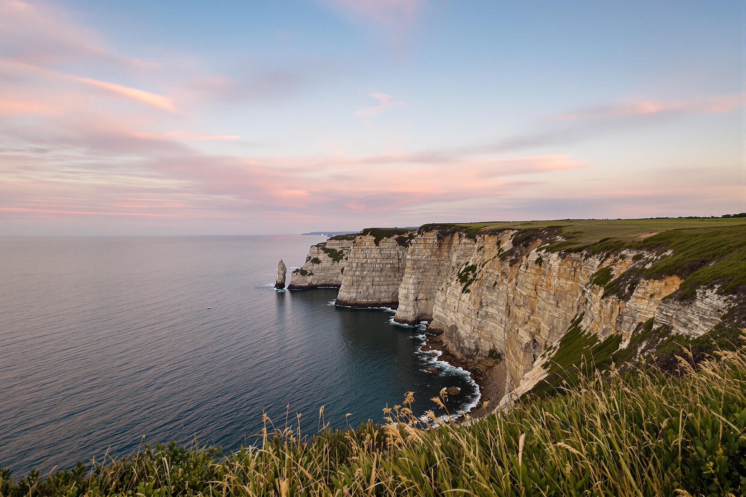 Serene Oceanside Cliff at Dawn with Calm Waters