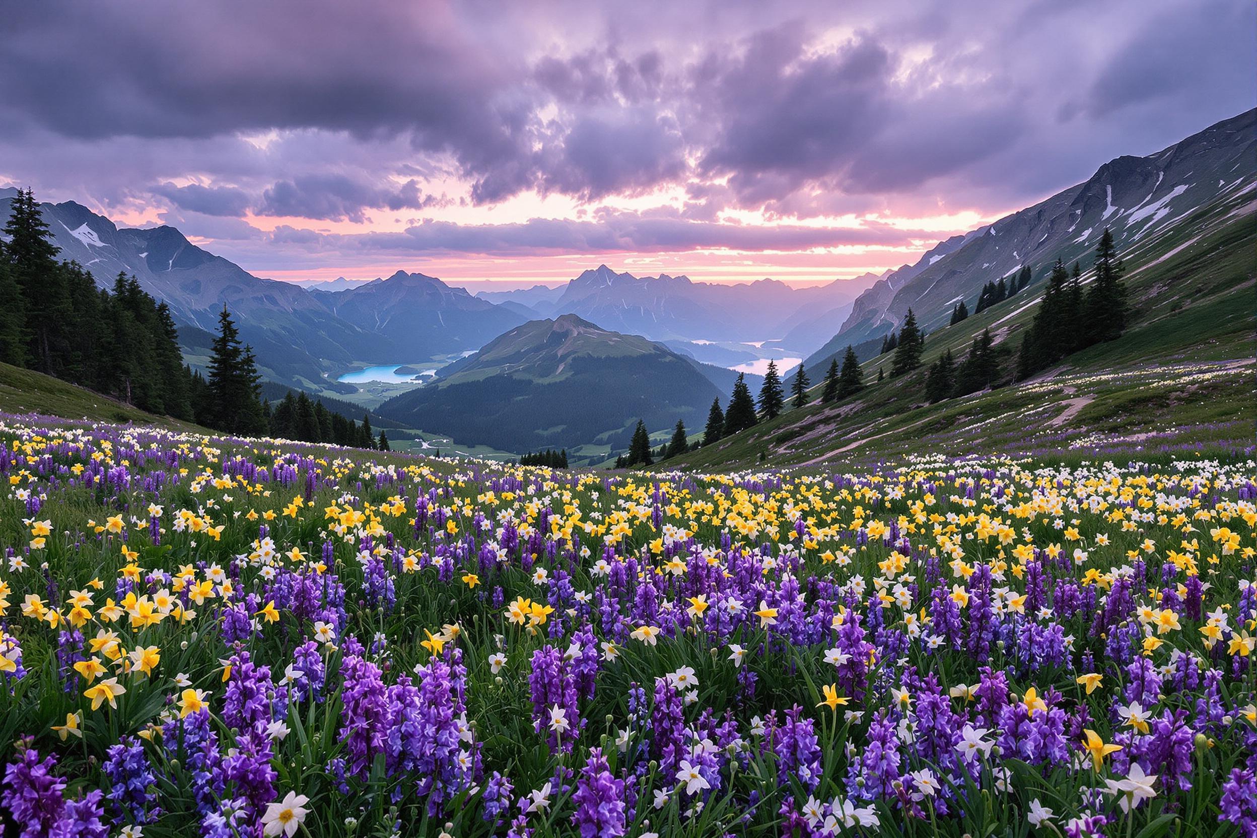 Ethereal Dawn Over Flowery Mountainscape