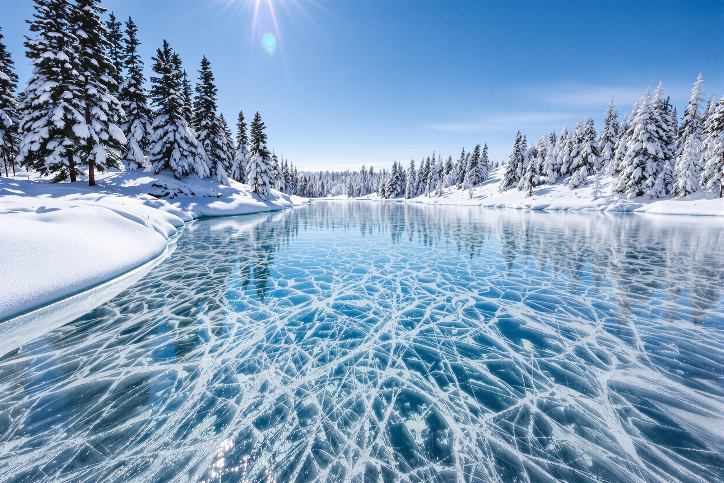 Ethereal Winter Lake Beneath Snow-Clad Pines