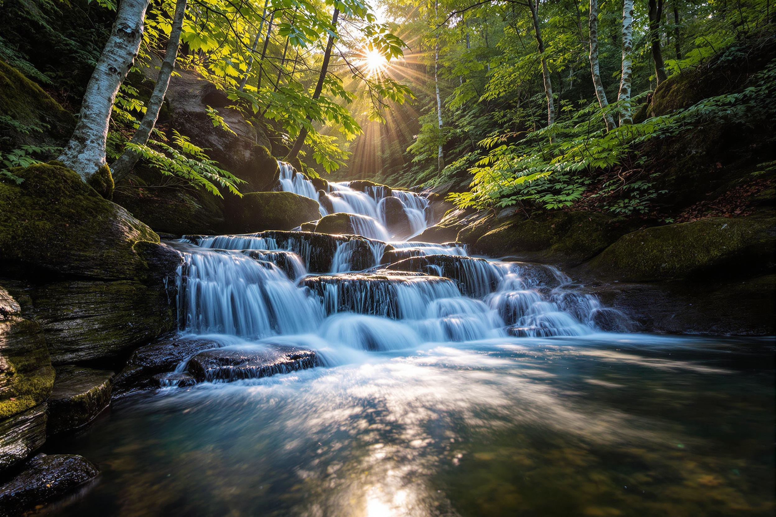 Twilight Waterfall in Mossy Forest Glade