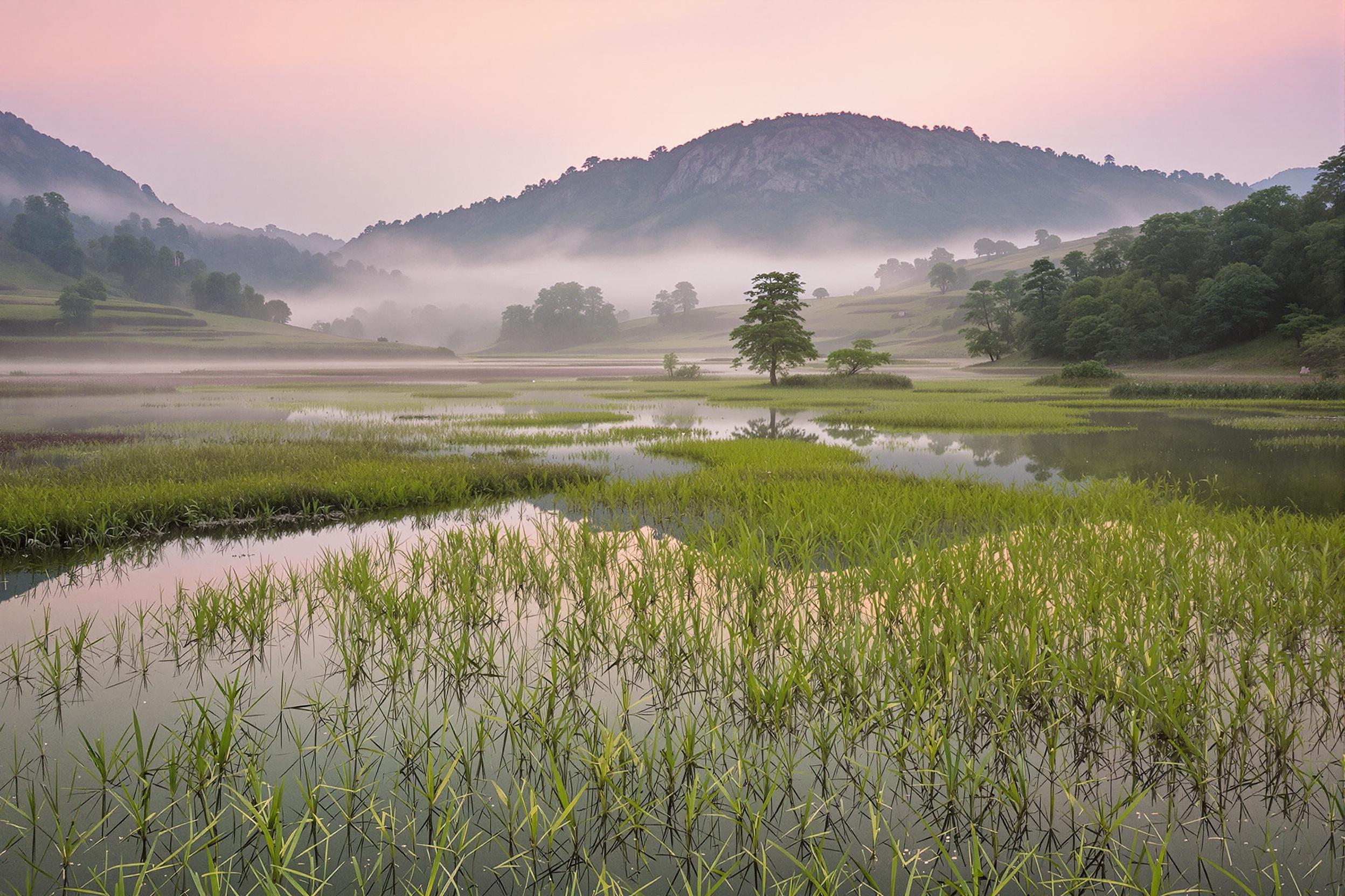 Serene Mist Valley with Reflective Sunrise After Rainfall