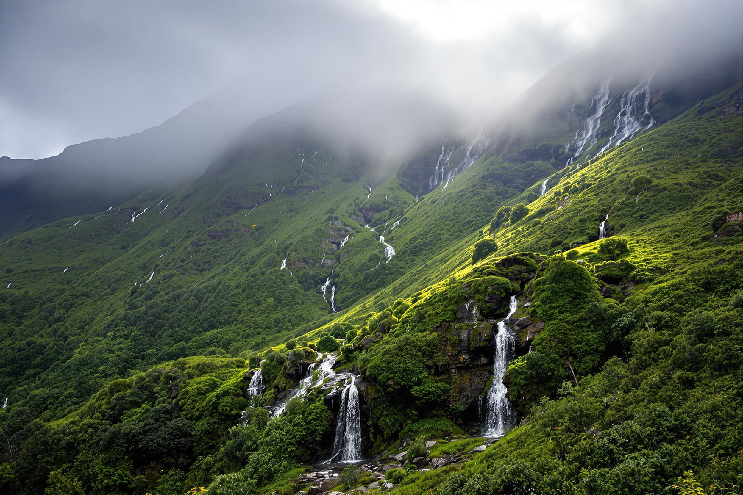 Sunlit Hillside After Storm with Waterfalls and Retreating Fog