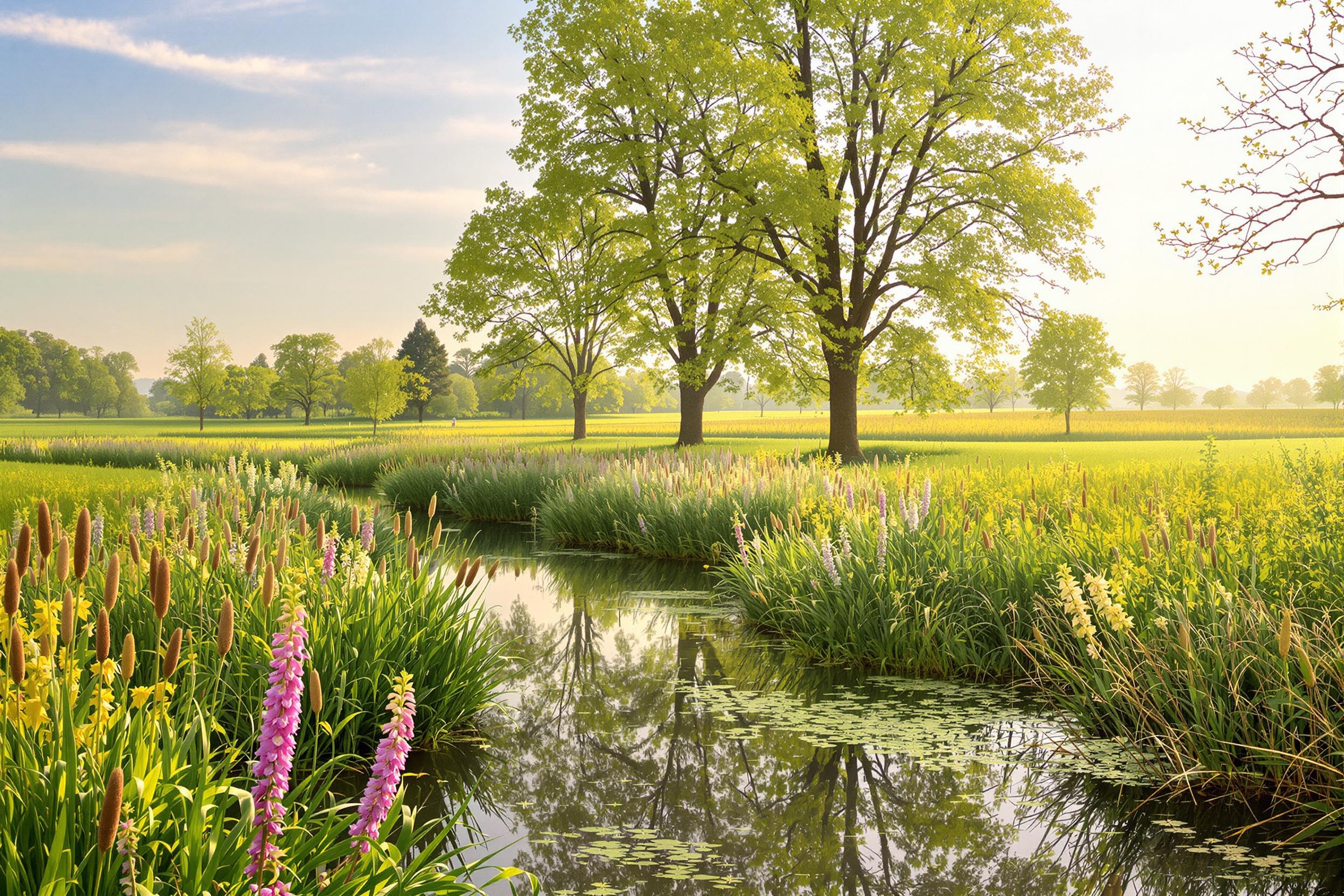 Tranquil Countryside Canal Under Morning Light