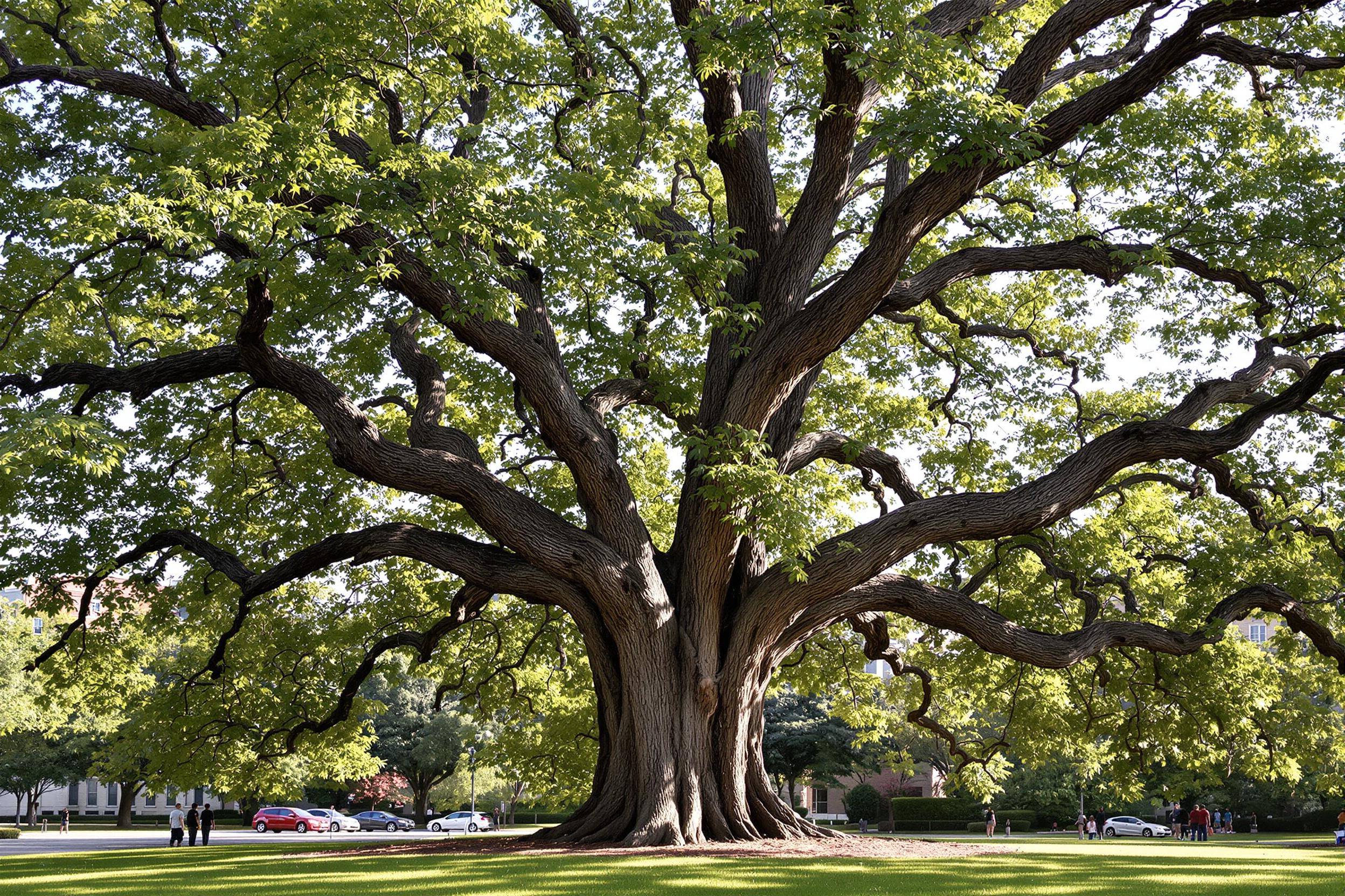 Majestic Oak Tree in Urban Park Bathed in Afternoon Sunlight