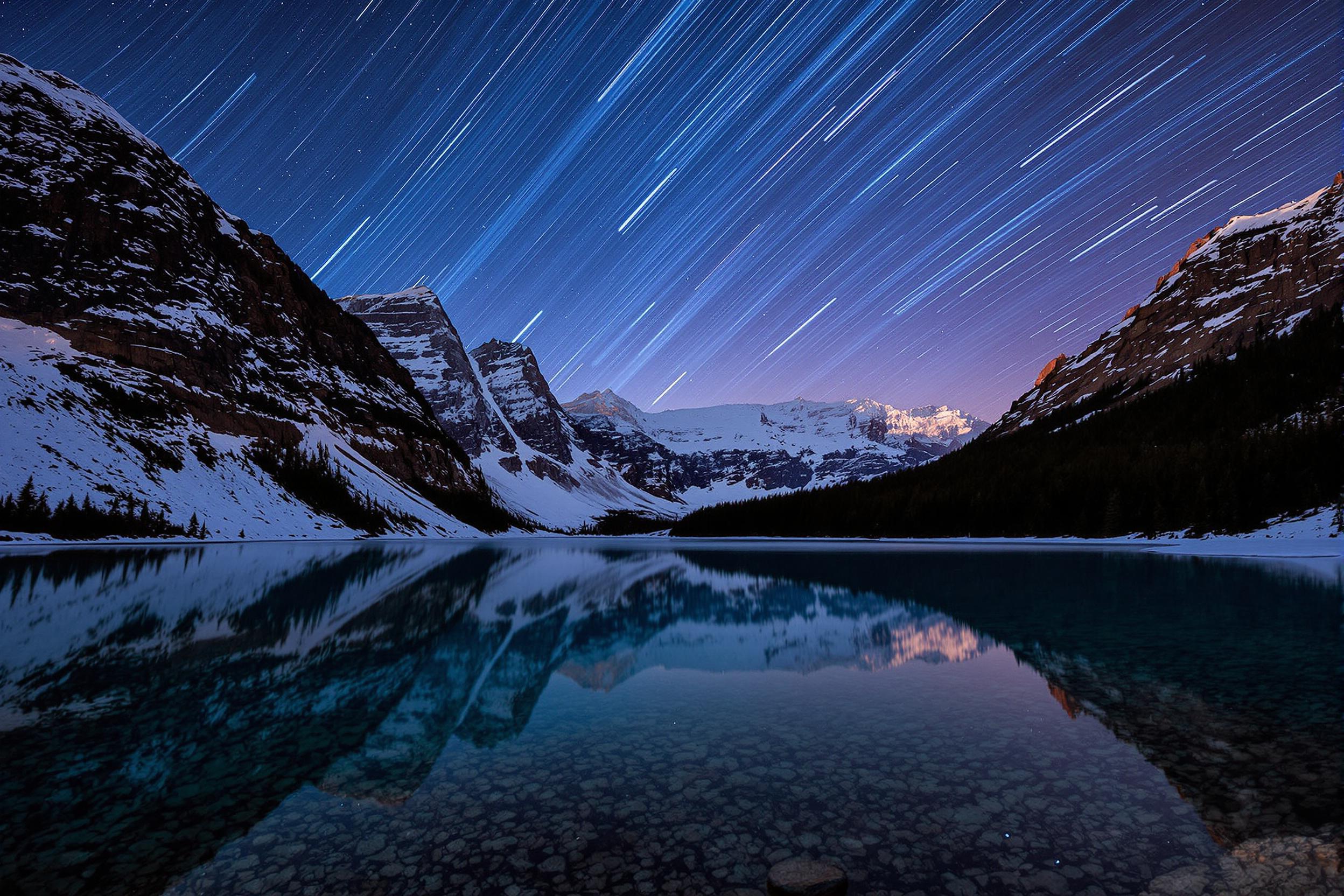 Meteor Shower Over Midnight Mountain Lake