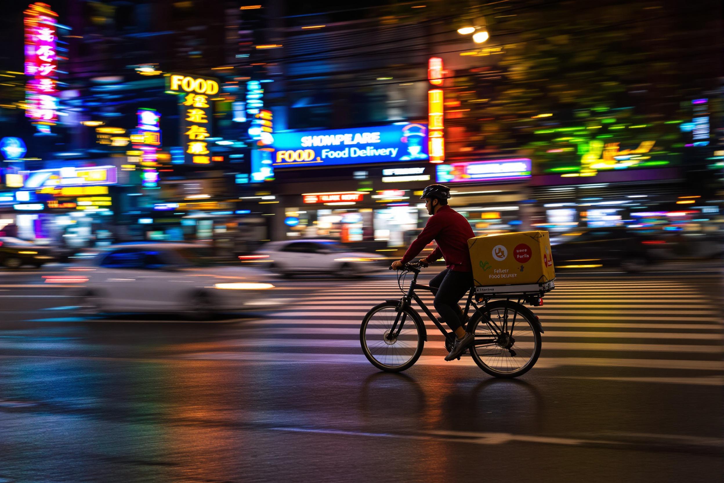 Nighttime Food Delivery Cyclist in Motion