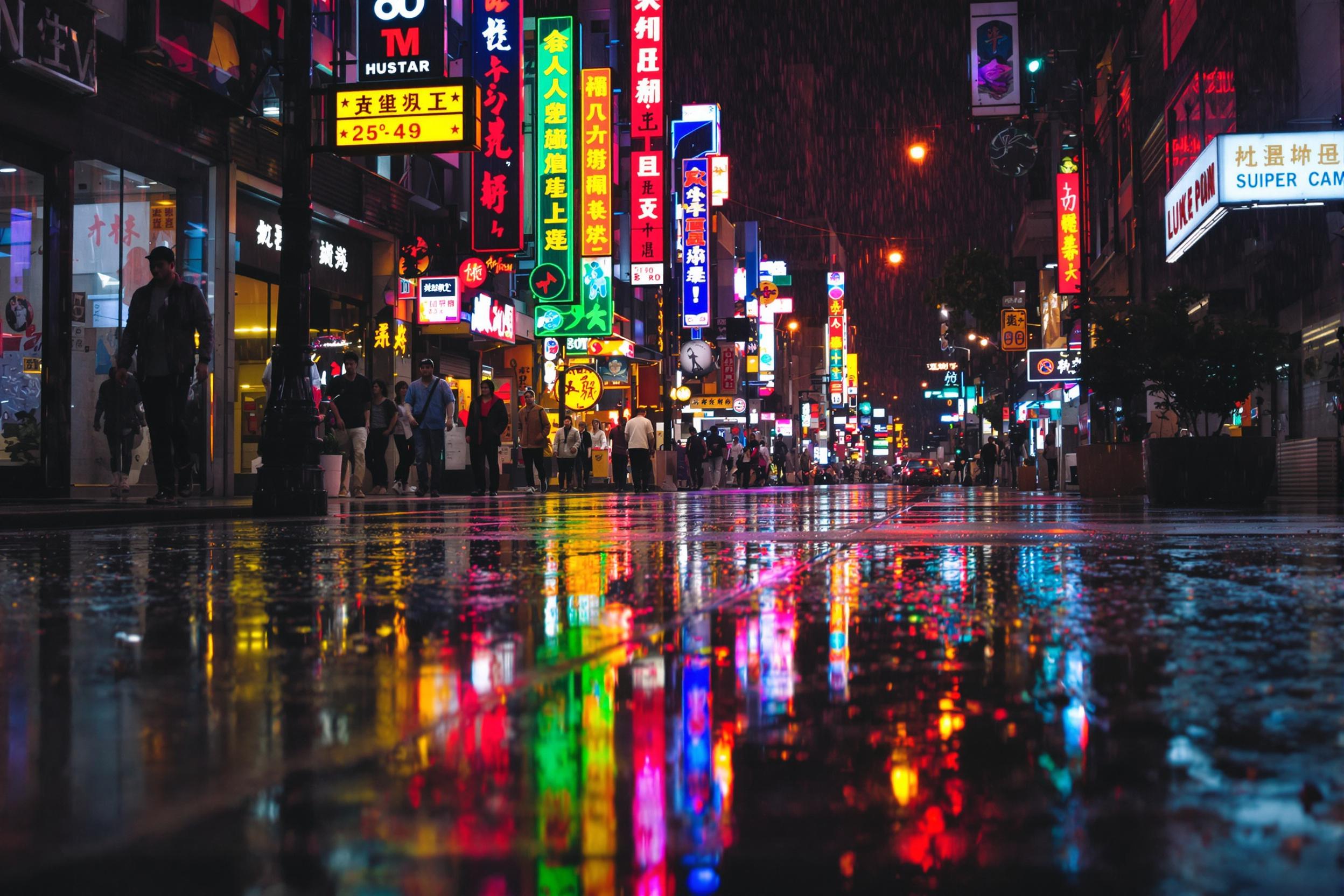 Midnight Metropolis: Neon Reflections in Urban Puddles