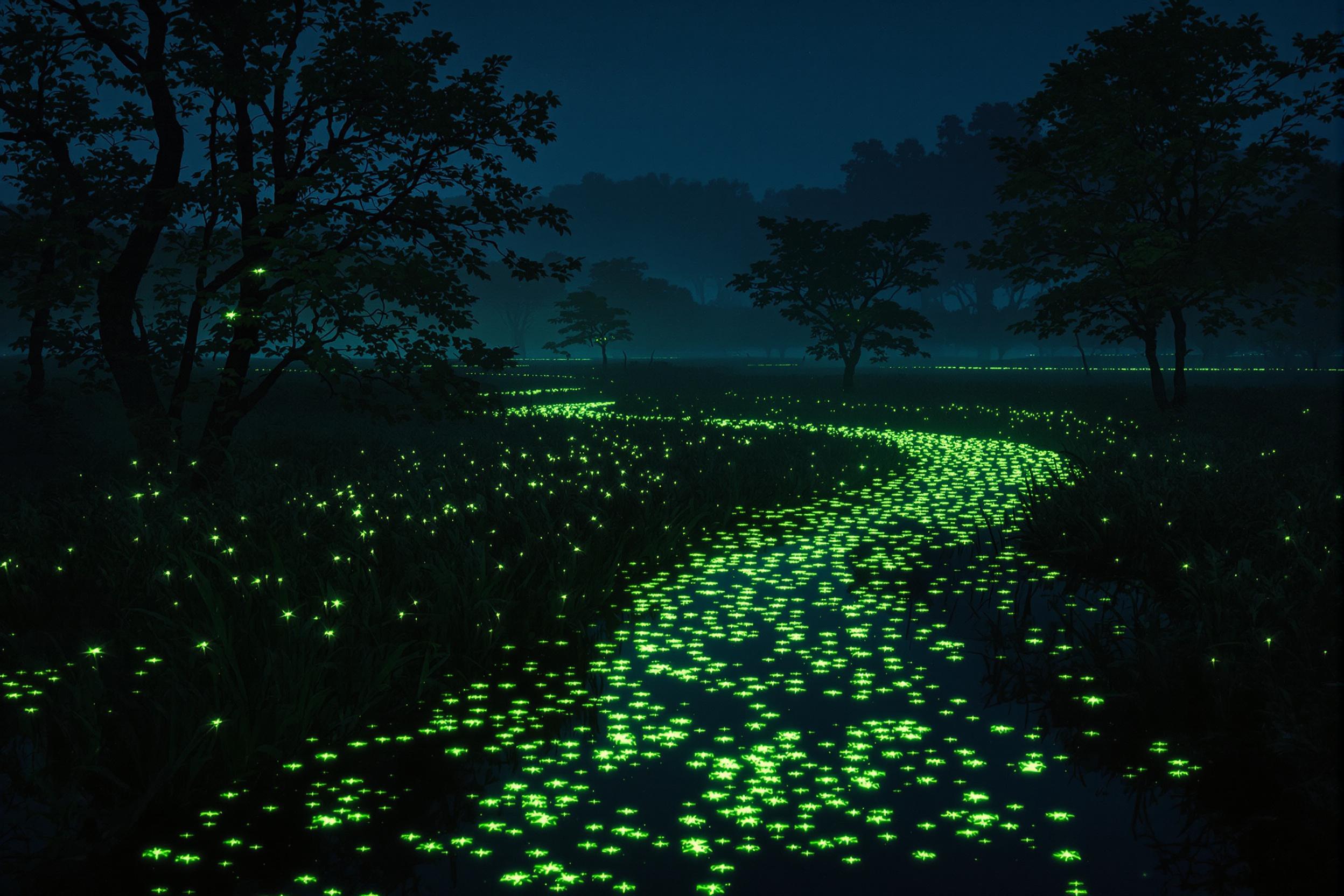 Nocturnal Wetland Symphony Under Bioluminous Glow