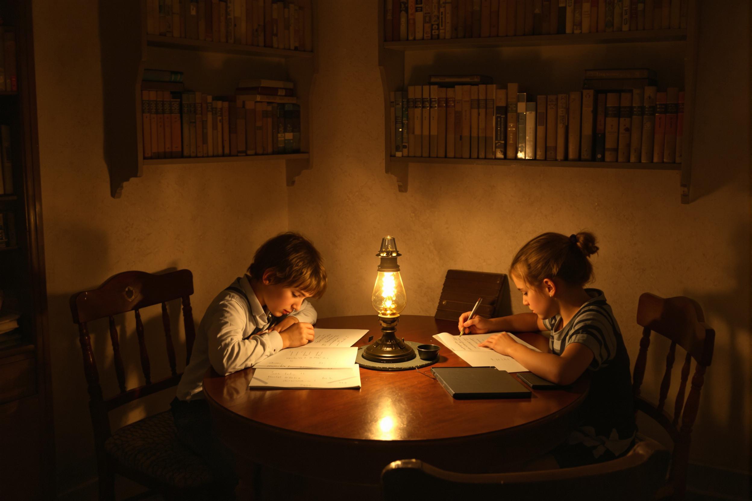 Serene 1910s Homeschooling Scene Under Oil Lamp Glow