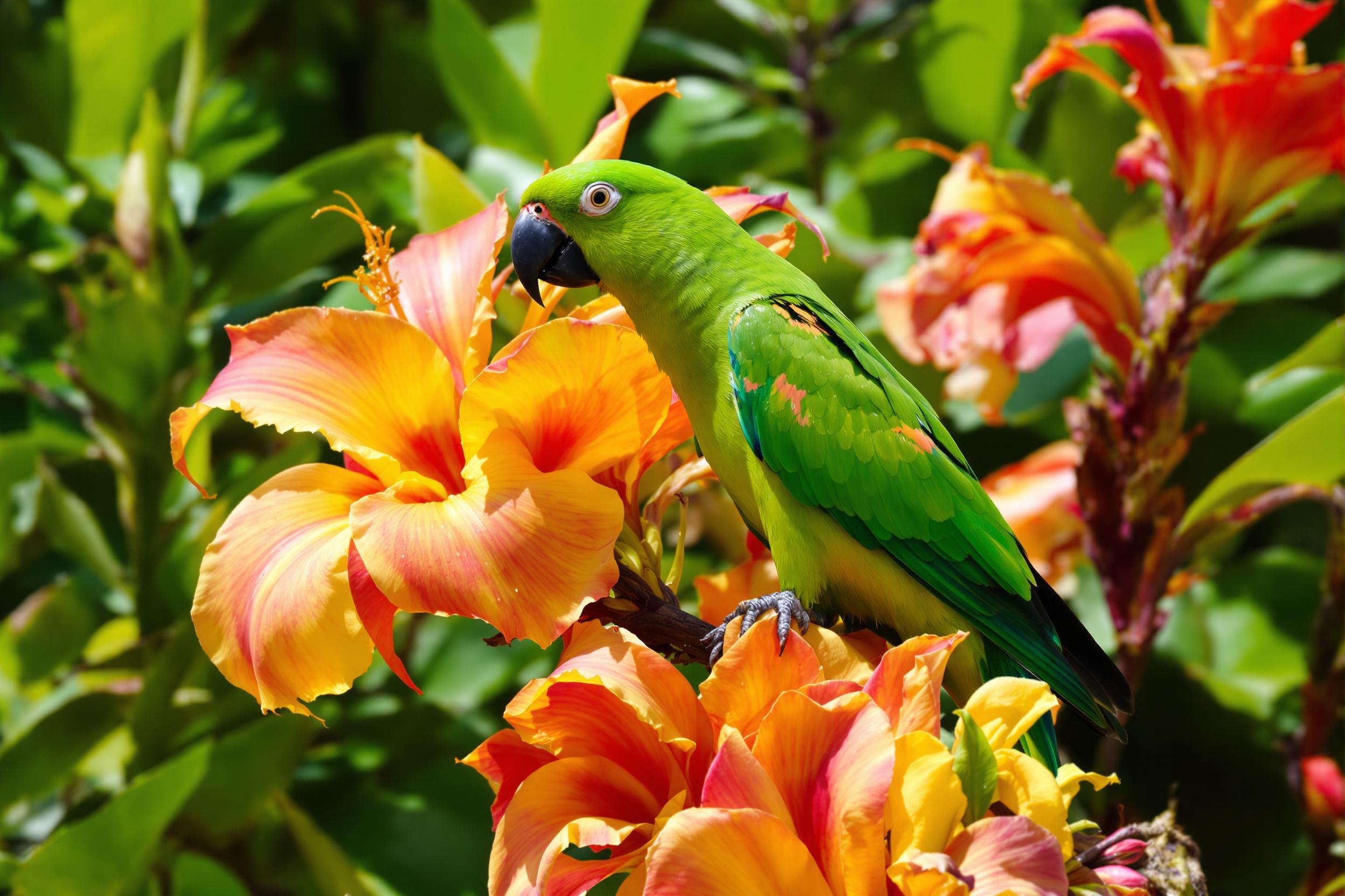 Vibrant Parrot Among Colorful Tropical Flowers