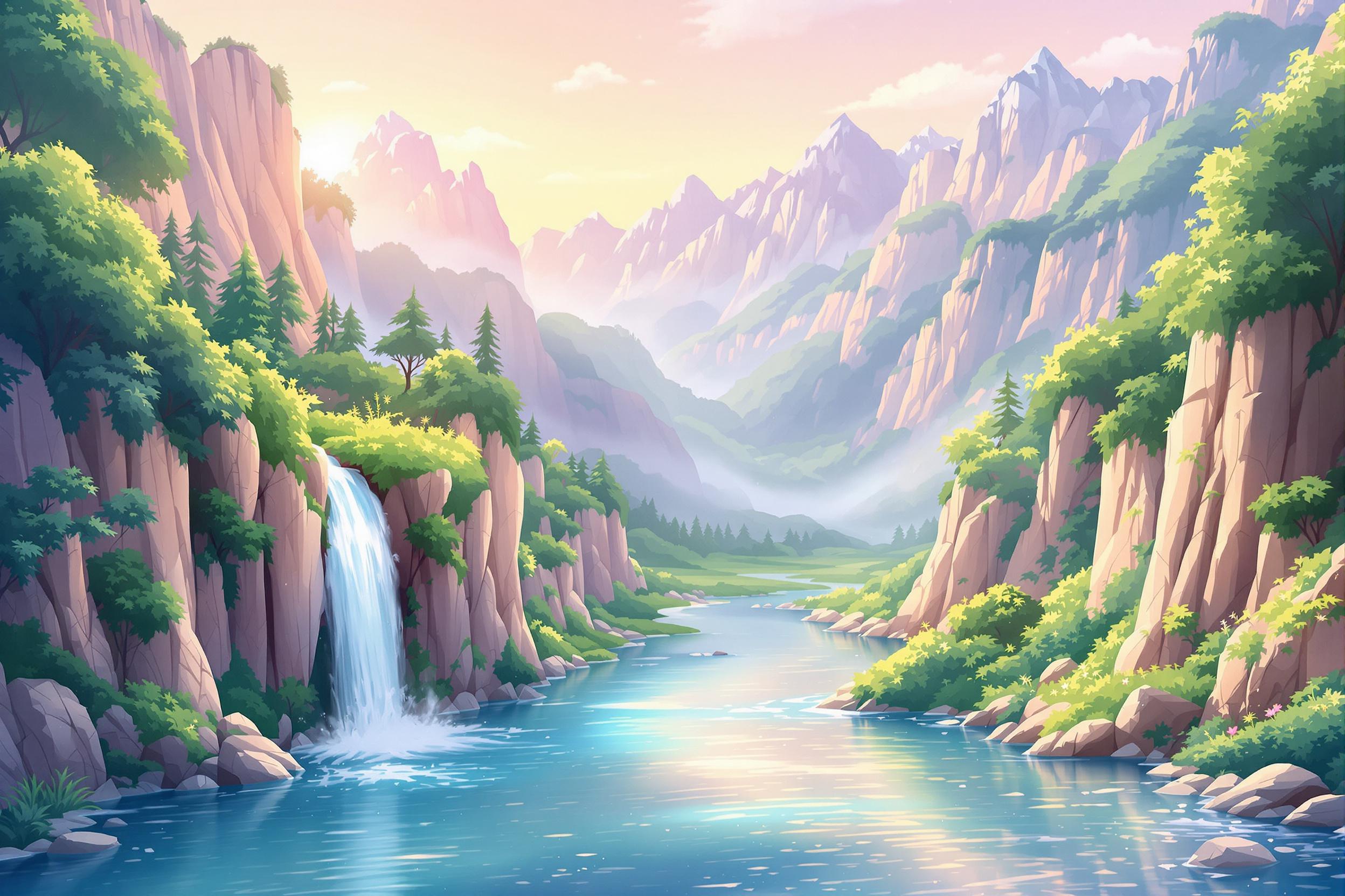 Pastel Waterfall in Serene Mountain Valley