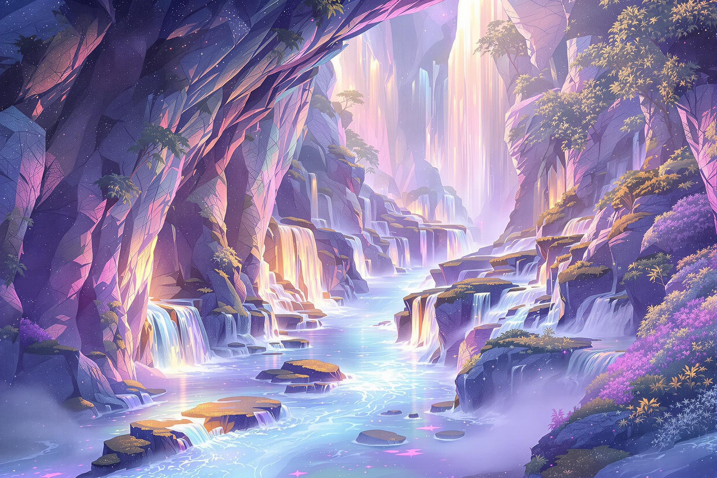 Luminous Ravine with Cascading Crystal Terraces