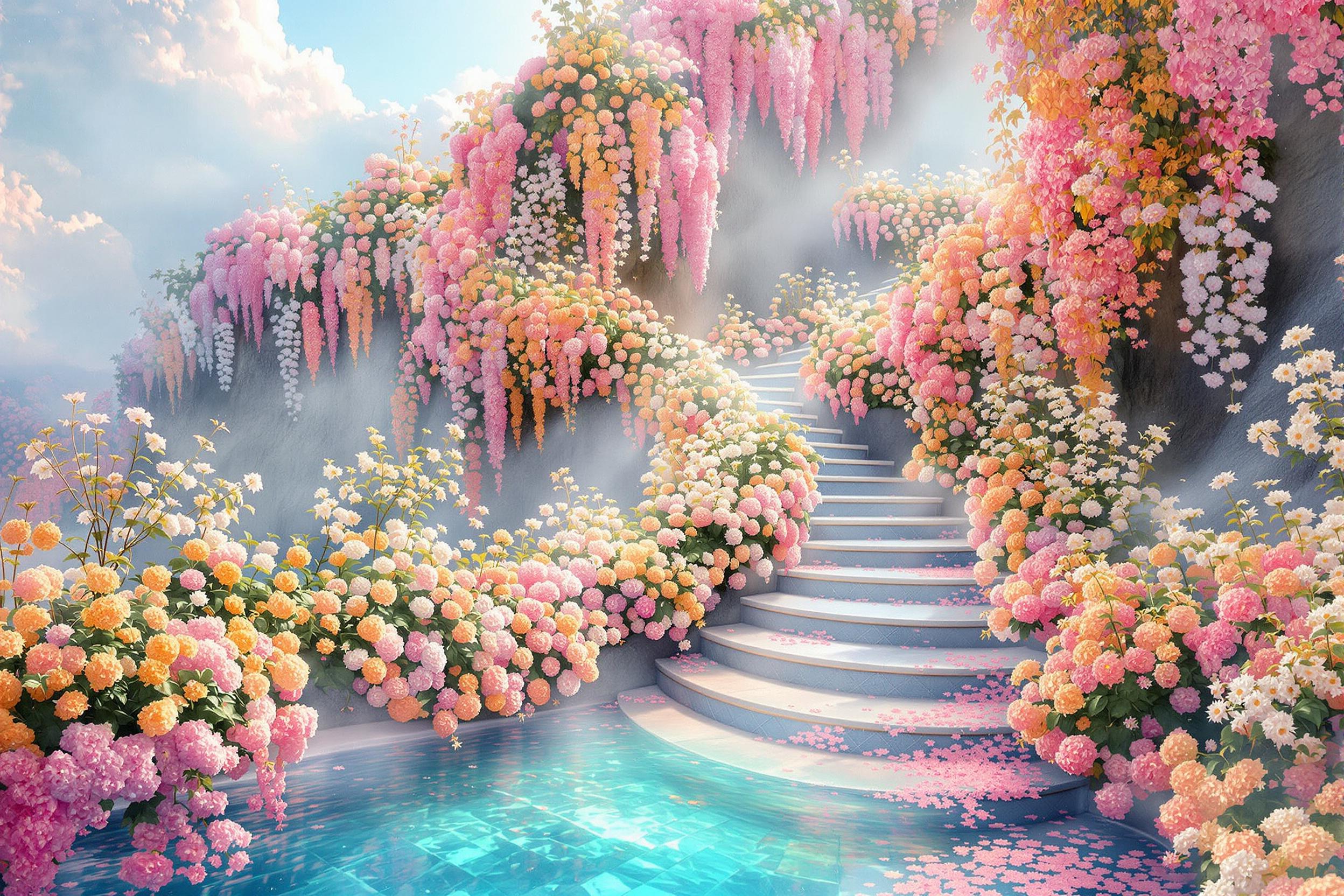 Tranquil Stairway Amid Misty Cliff Blooms