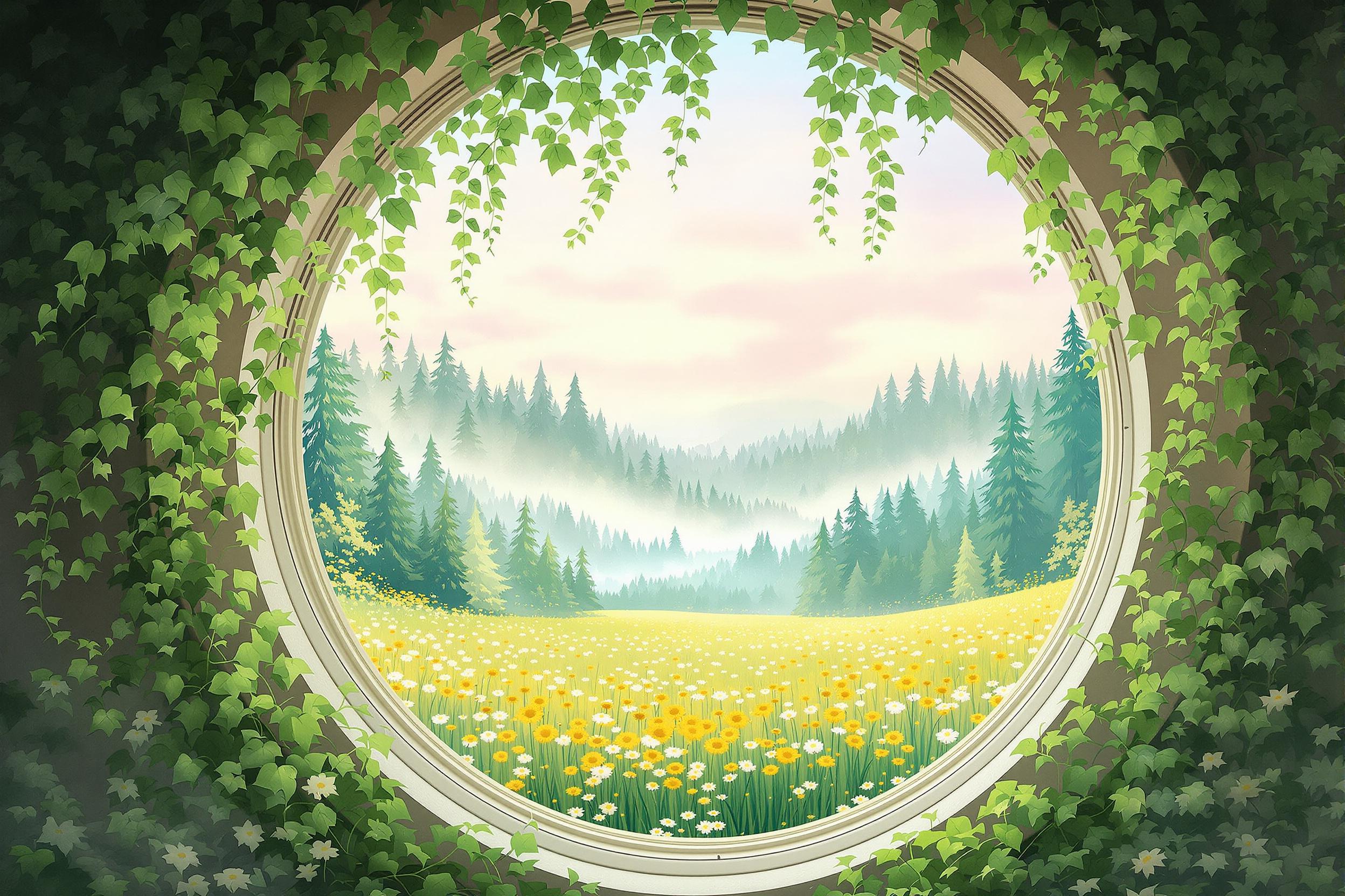 Serene Circular Window Overlooking Pastel Landscape