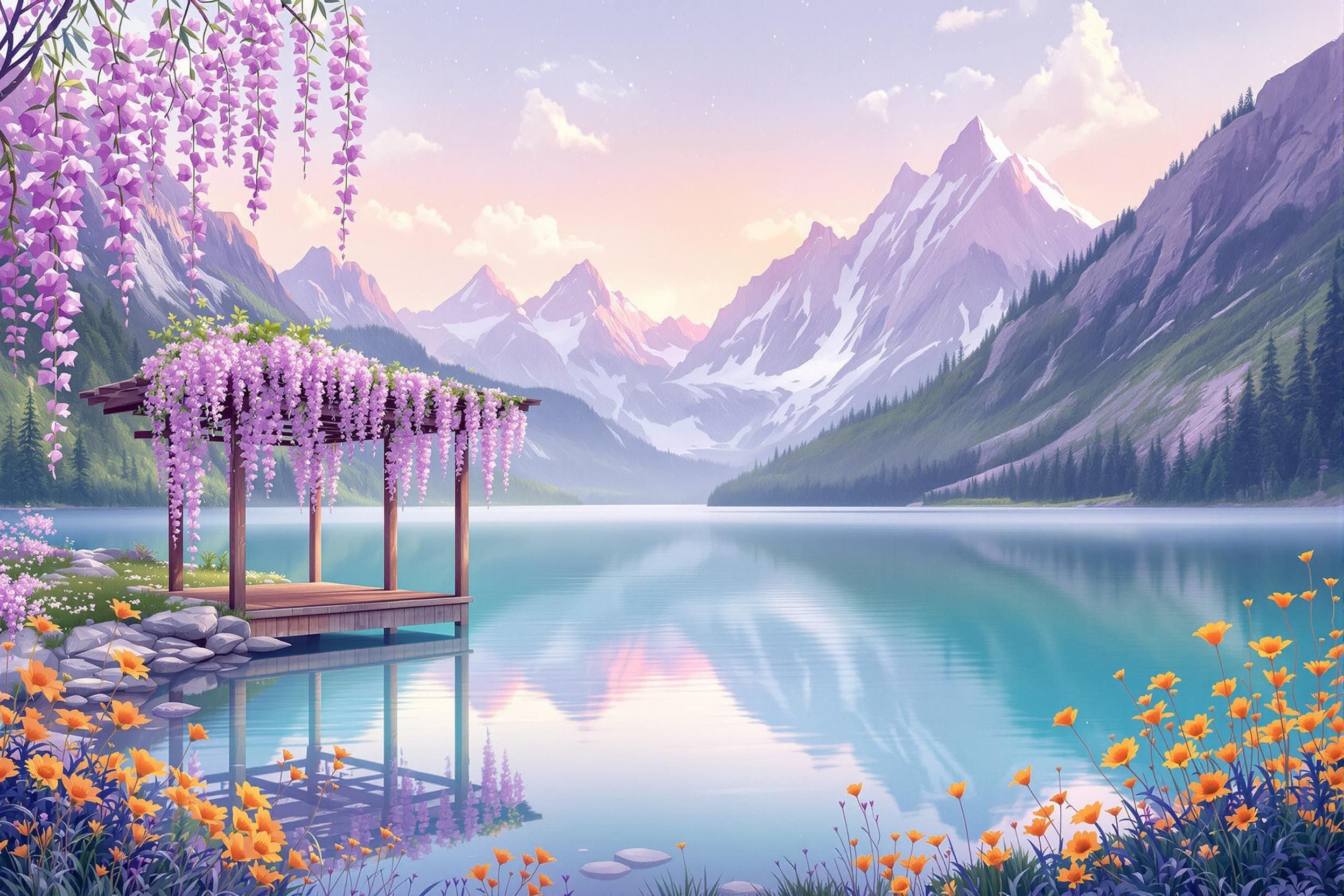 Tranquil Mountain Arbor by Pastel Lake