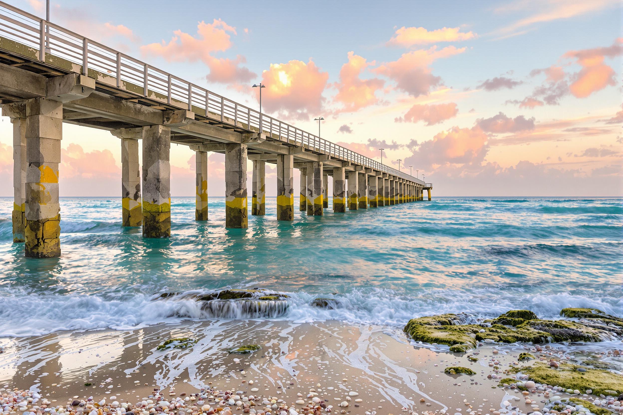 Tranquil Dawn Pier Extending Crests Reflective Skylines