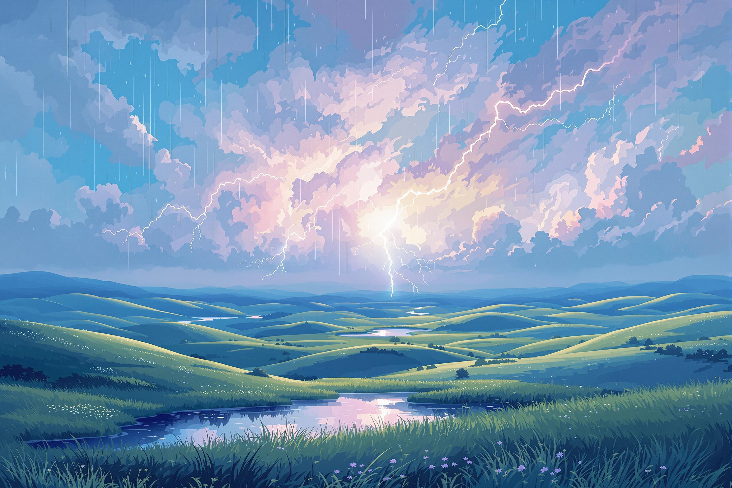 Pastel Lightning Over Reflective Twilight Fields