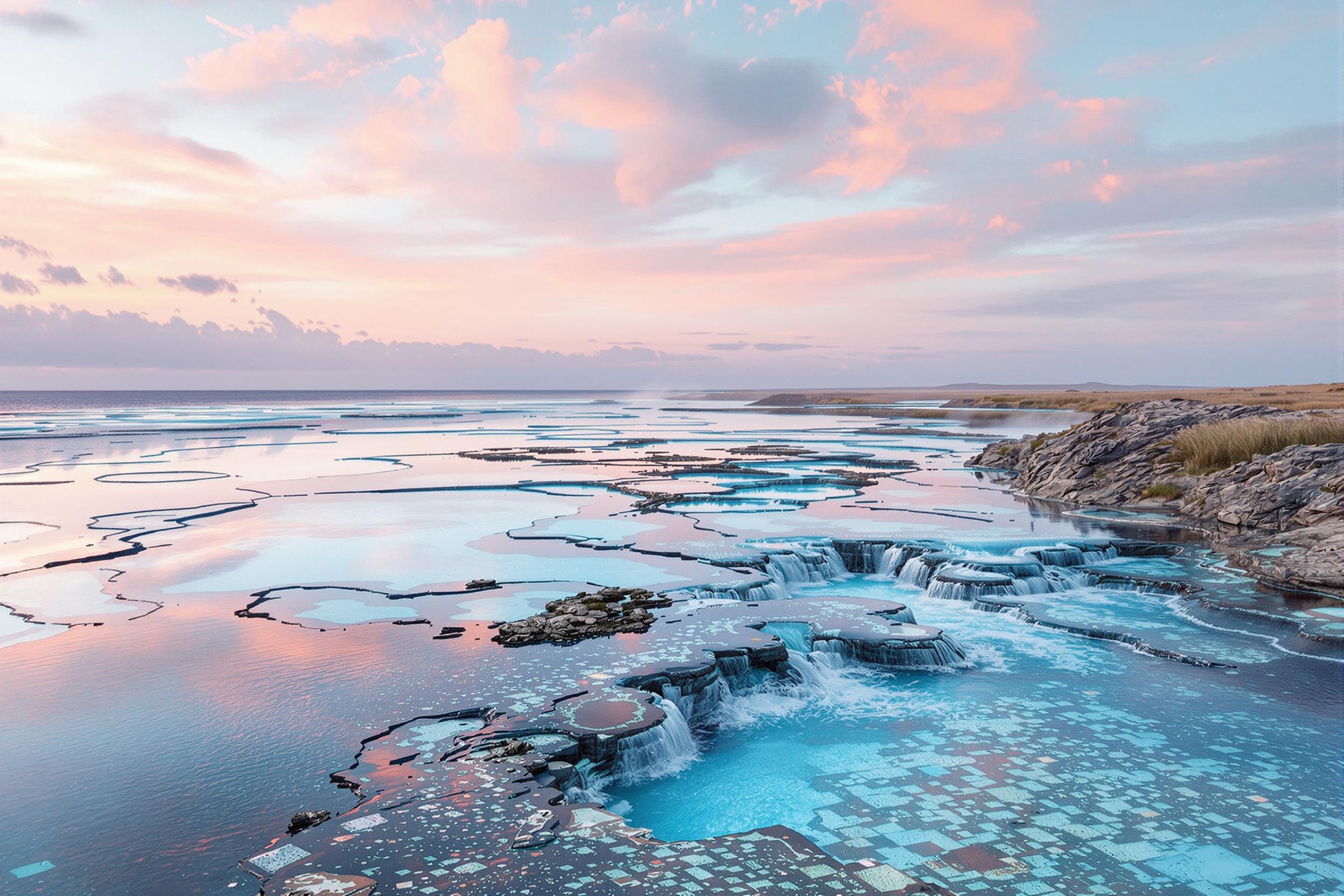 Aurora-Dawn Peninsula with Reflective Tidal Pools