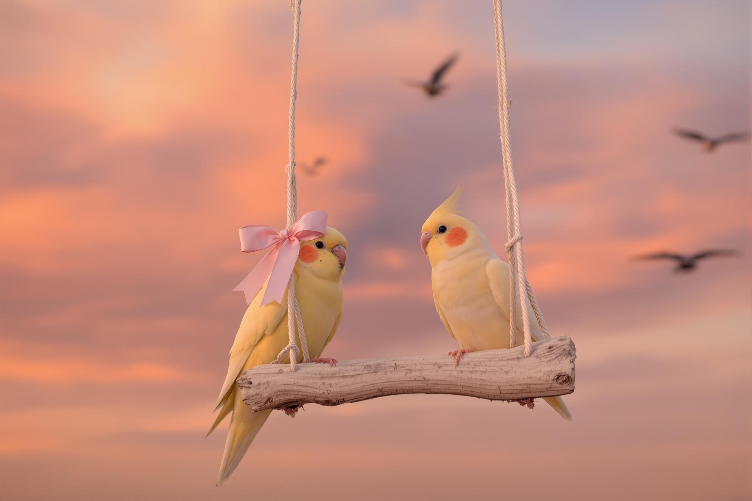 Whimsical Cockatiel Perches Amid Sunset Drama