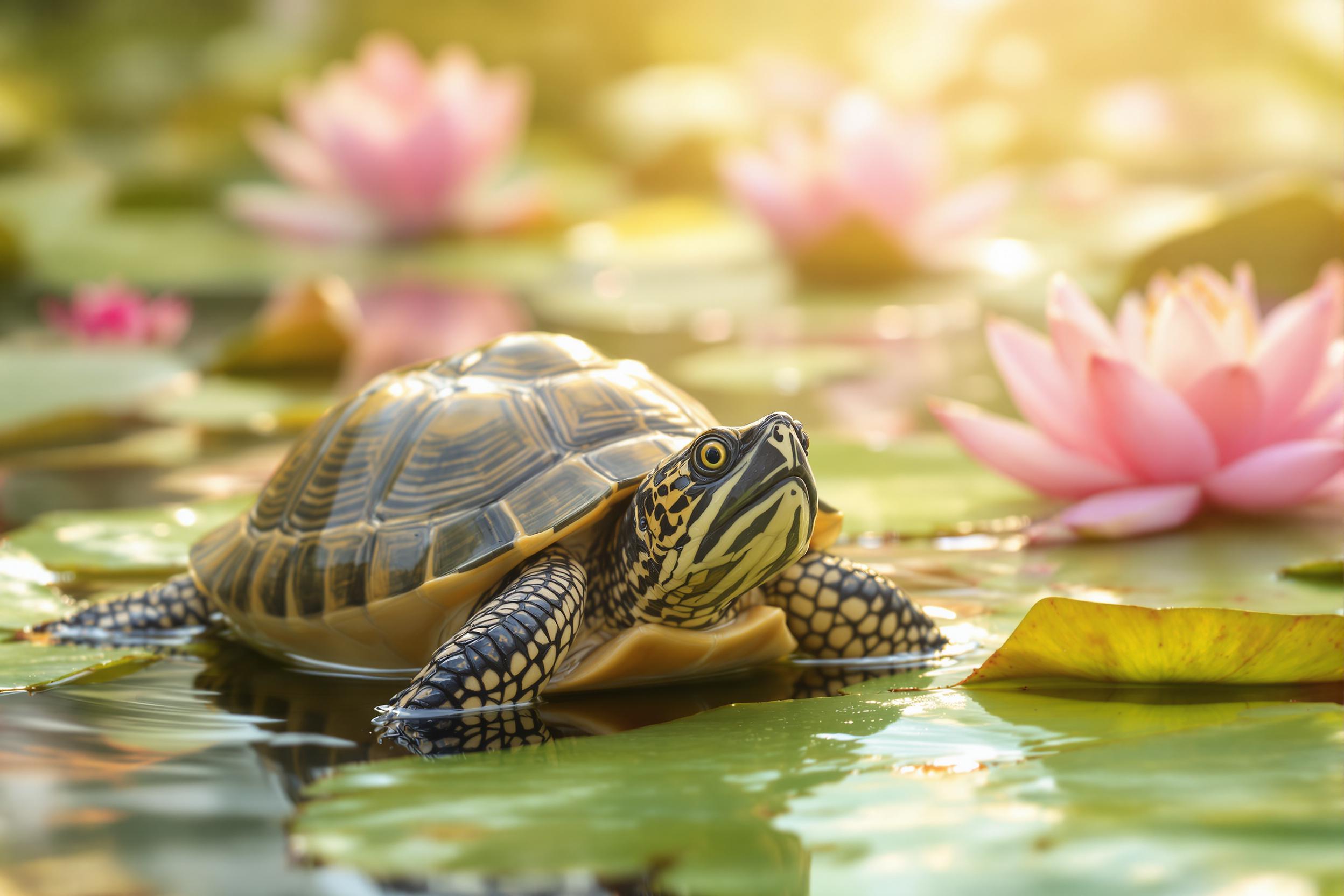 Dreamy Box Turtle In Lily Pond