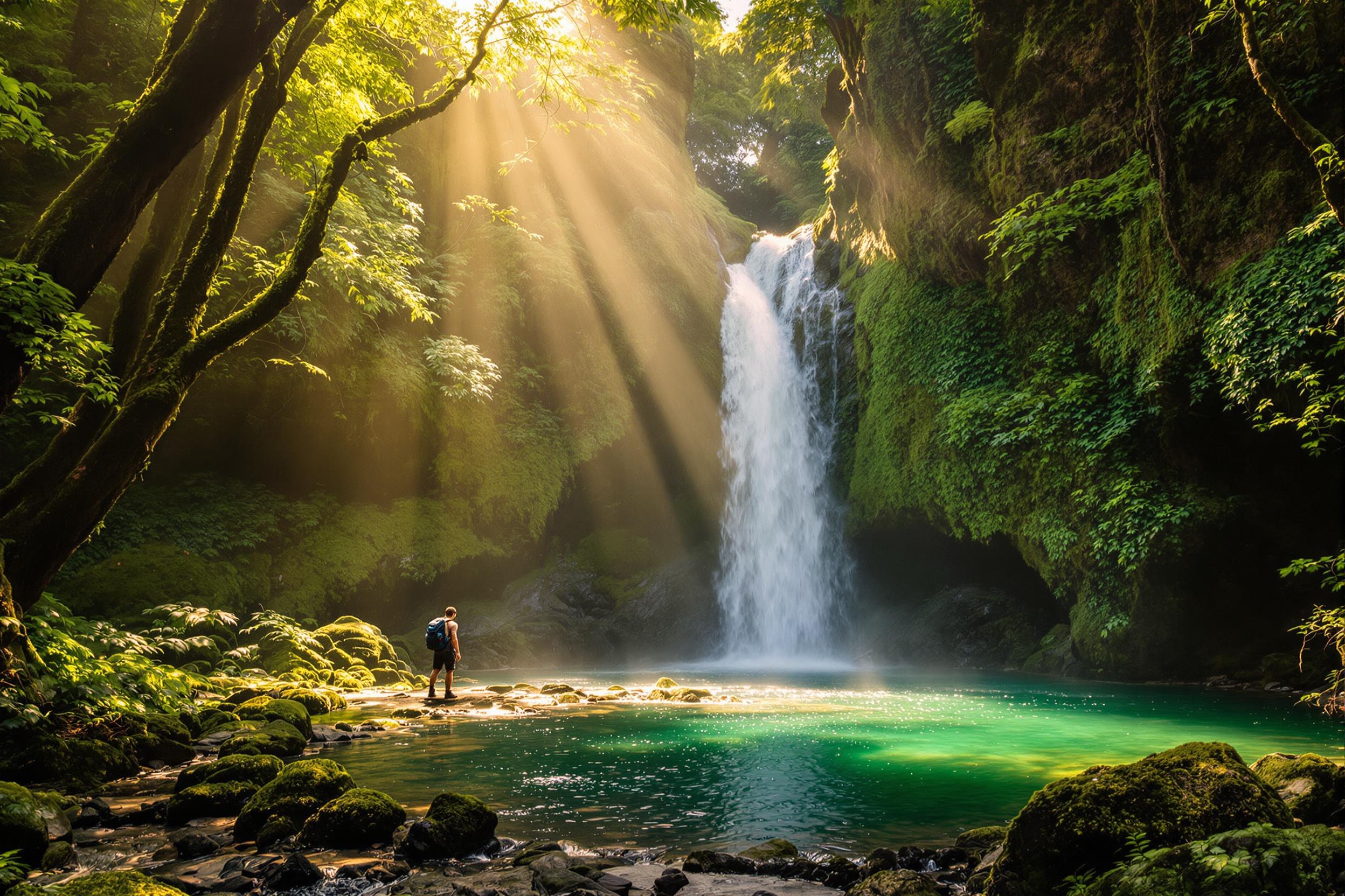 Hiker gazes at hidden rainforest waterfall bathed in ethereal light