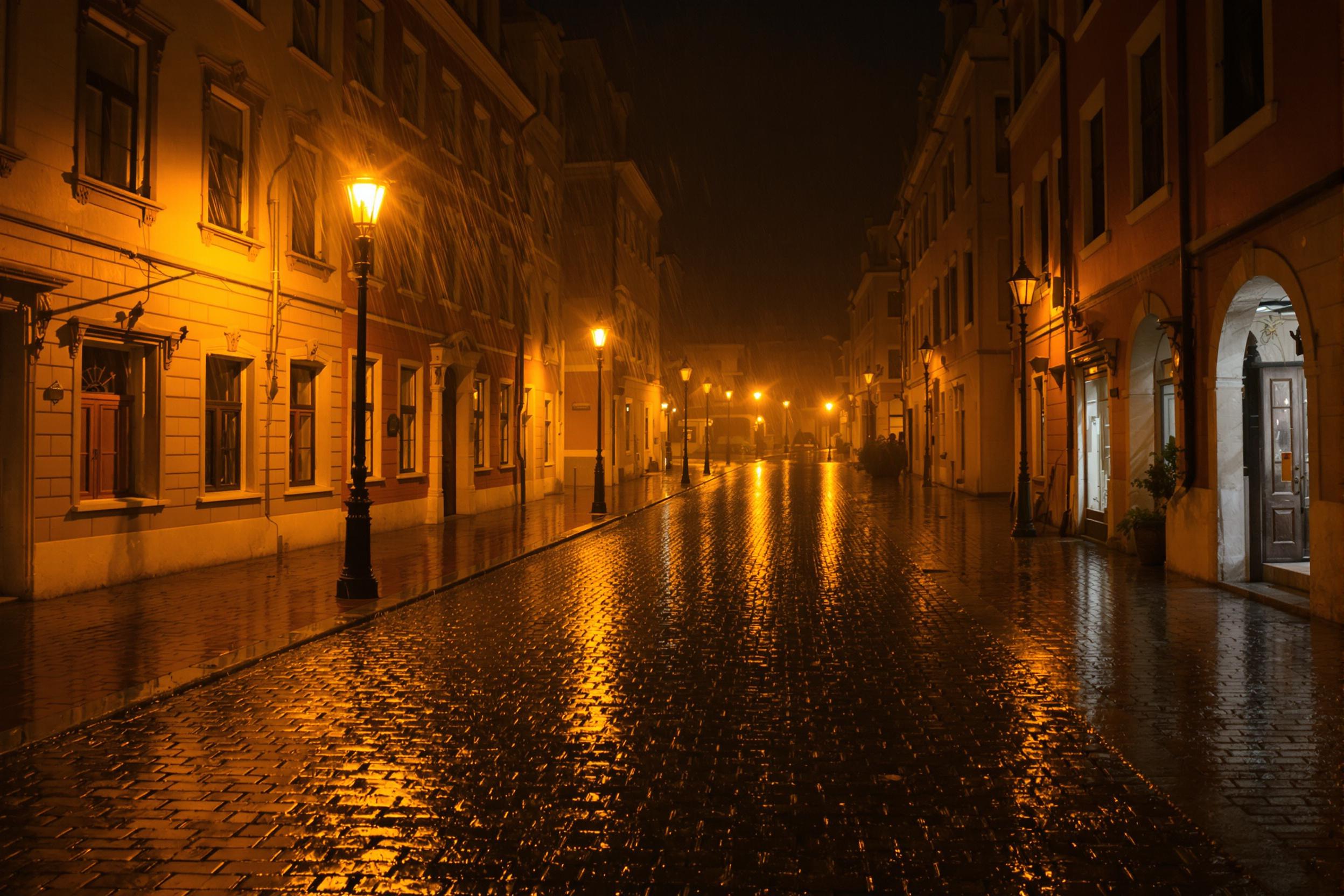 Rainy Night on a Historical Cobblestone Street