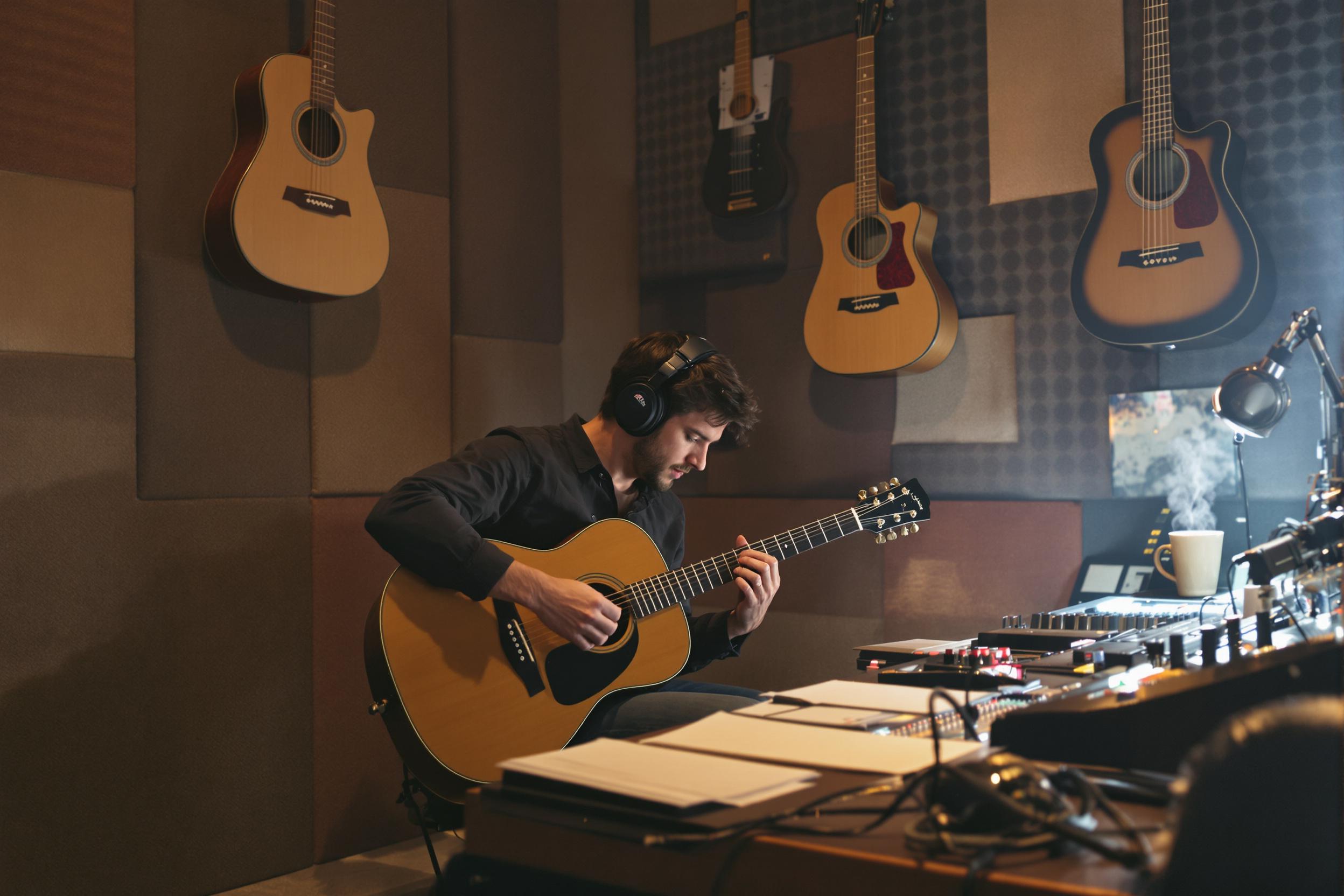 Acoustic Guitarist in Intimate Recording Session